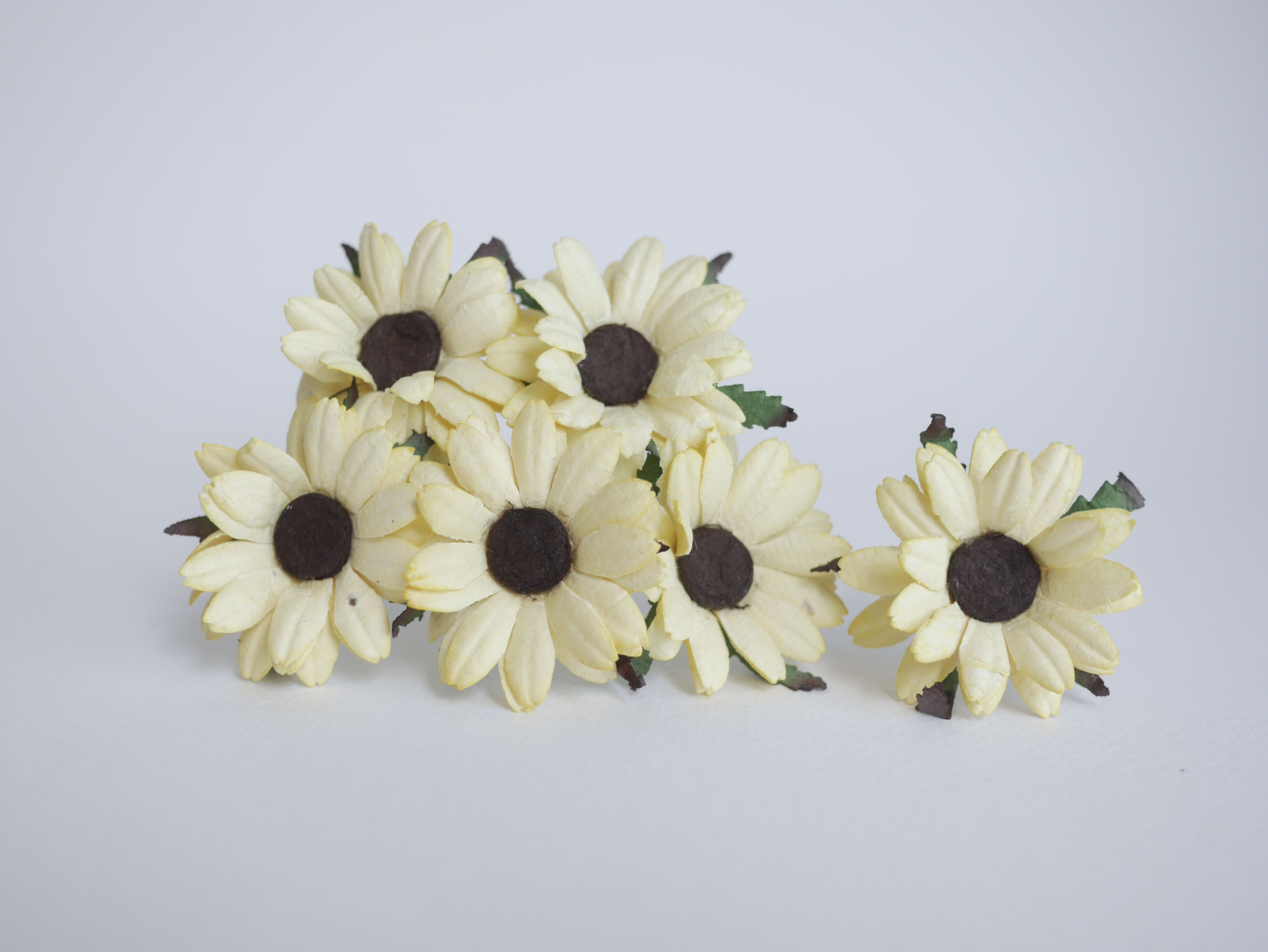 ดอกไม้กระดาษสา ดอกไม้ประดิษฐ์จากกระดาษสา ดอกเดซี่ เกสรสีน้ำตาลเข้ม ดอกไม้กระดาษสาขายส่ง ดอกไม้ประดิษฐ์ ดอกไม้ทำข้อมือเพื่อนเจ้าสาว ดอก daisy ขนาด 3.5 cm. จำนวน 25 ดอก สีเหลืองอ่อน Paper Flower, 25 Daisy Flowers, pale yellow color, size 3.5 cm., brown poll