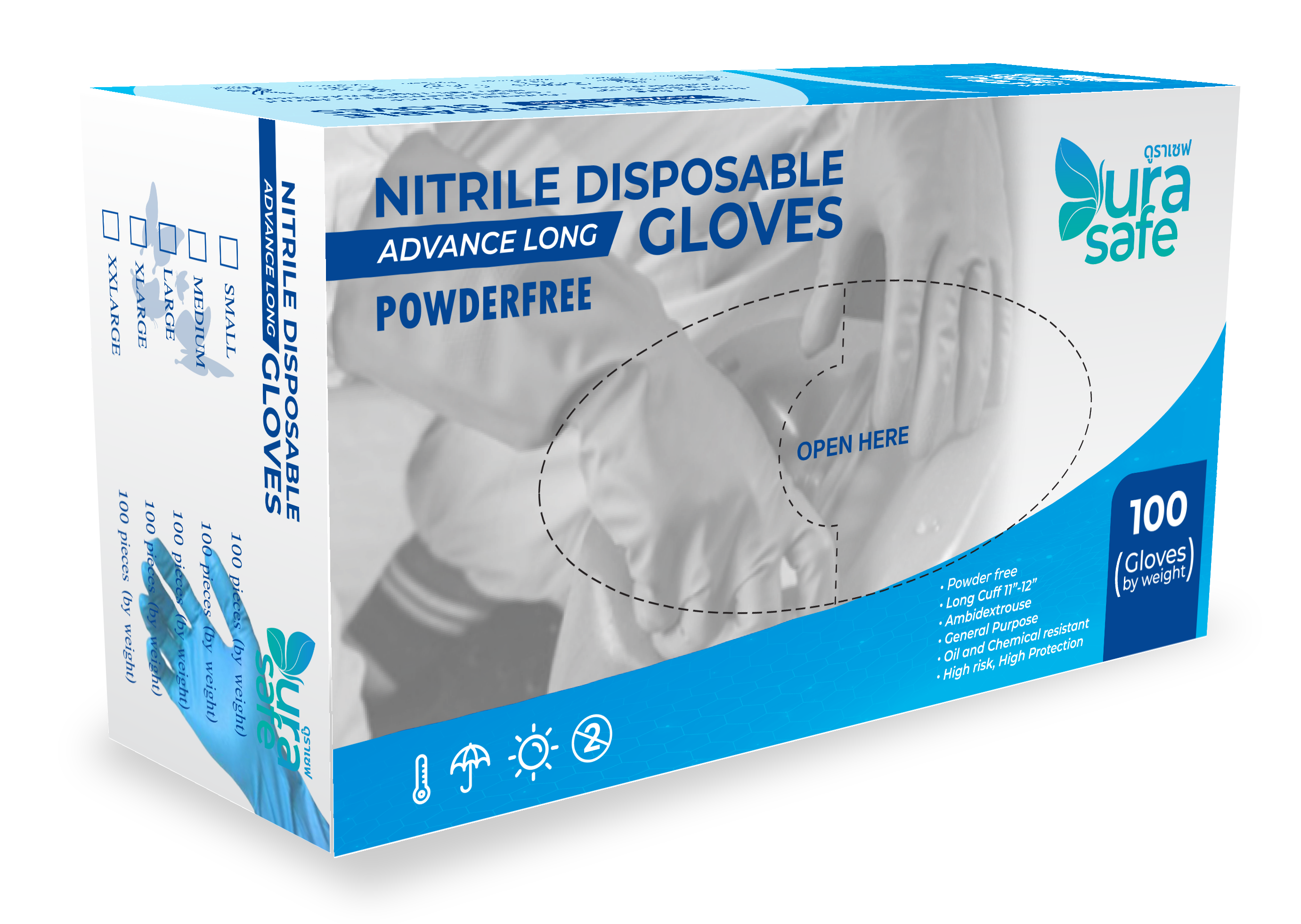 [หน่วยกล่องเล็ก] ถุงมือไนไตร ข้อยาว ไม่มีแป้ง 12 นิ้ว หนา 5 มิล หนัก 7.2 กรัม (100 ชิ้น/กล่อง)