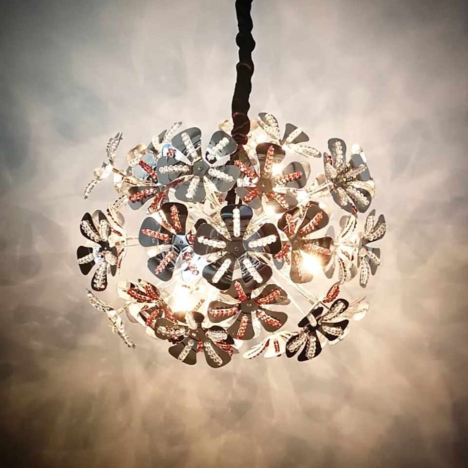 โคมไฟระย้า P9012-12 ลายดอกไม้แต่งคริสตัล โรสโกลด์-ใส สวยโดดเด่น