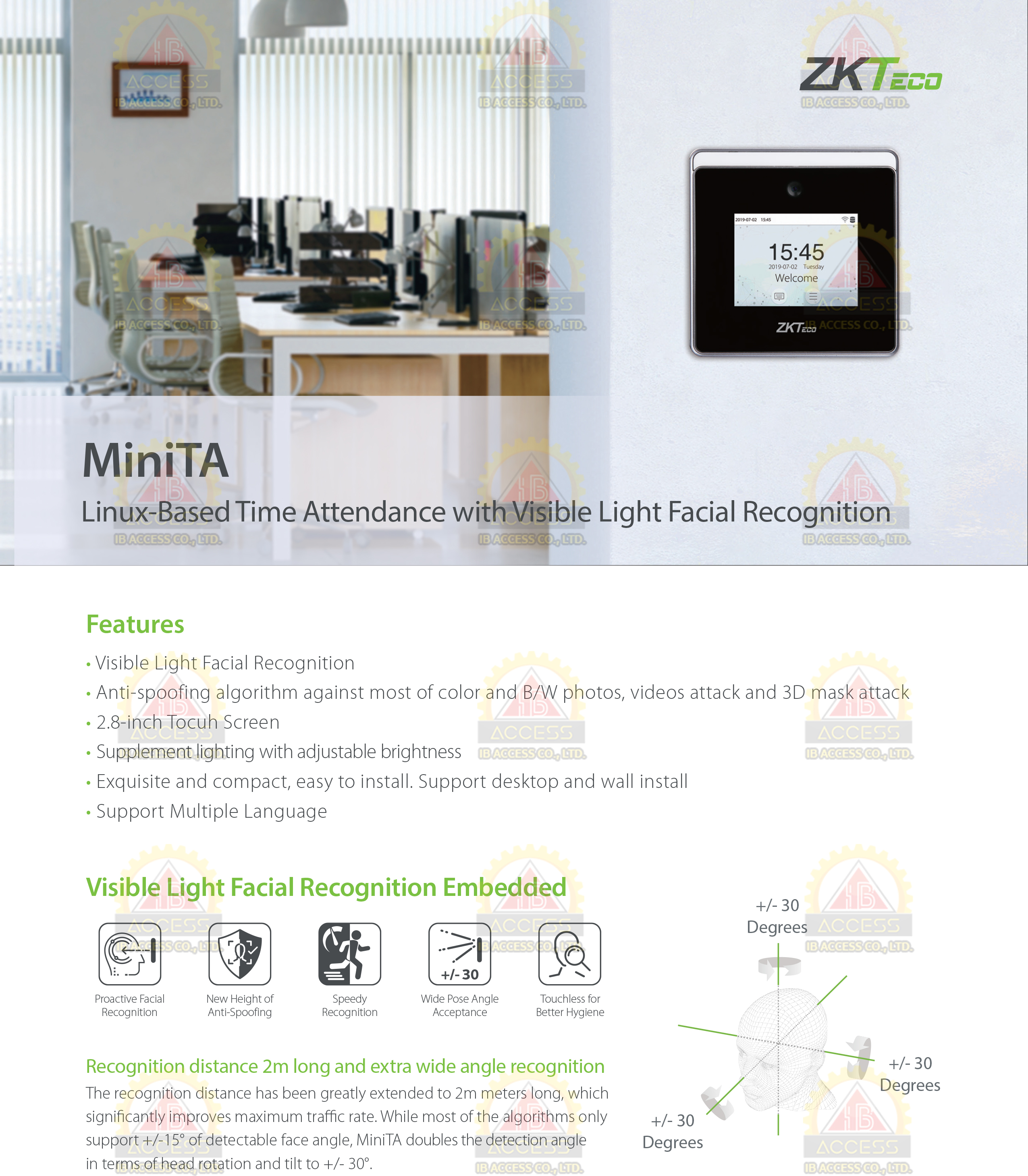 เครื่องสแกนใบหน้า ยี่ห้อ ZKTeco รุ่น MiniTA (wifi)