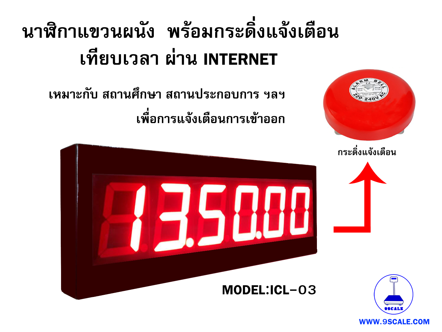 นาฬิกาดิจิตอล แขวนผนัง เทียบเวลา INTERNET รุ่น ICL-03 ตั้งค่าการใช้งานผ่าน Application สามารถโหลด APP ผ่าน Play Store และ App Store