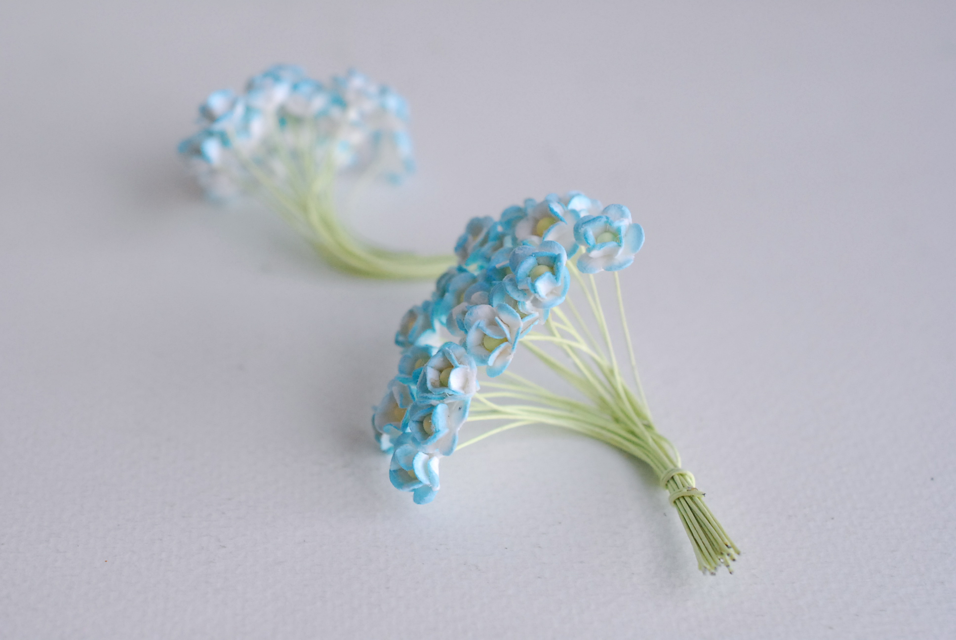 ดอกไม้กระดาษสา ดอกไม้กระดาษสาราคาส่ง ดอกไม้กระดาษสำหรับตกแต่ง งานแต่งงาน หรือติดของชำร่วย ดอก creeping lady 100 ดอก ขนาด 0.8 cm. สีฟ้าอ่อนปัดขาว Small Paper Flower with stem, , 100 pcs., size 0.8 cm., creeping flowers 2 layers, blue sky brush color.