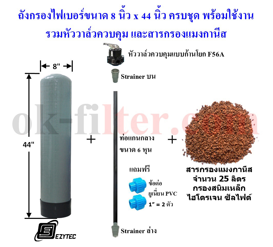 ชุดถังไฟเบอร์ กรองสนิมเหล็ก 8"x44" พร้อมอุปกรณ์ครบชุด (รวมค่าขนส่ง)