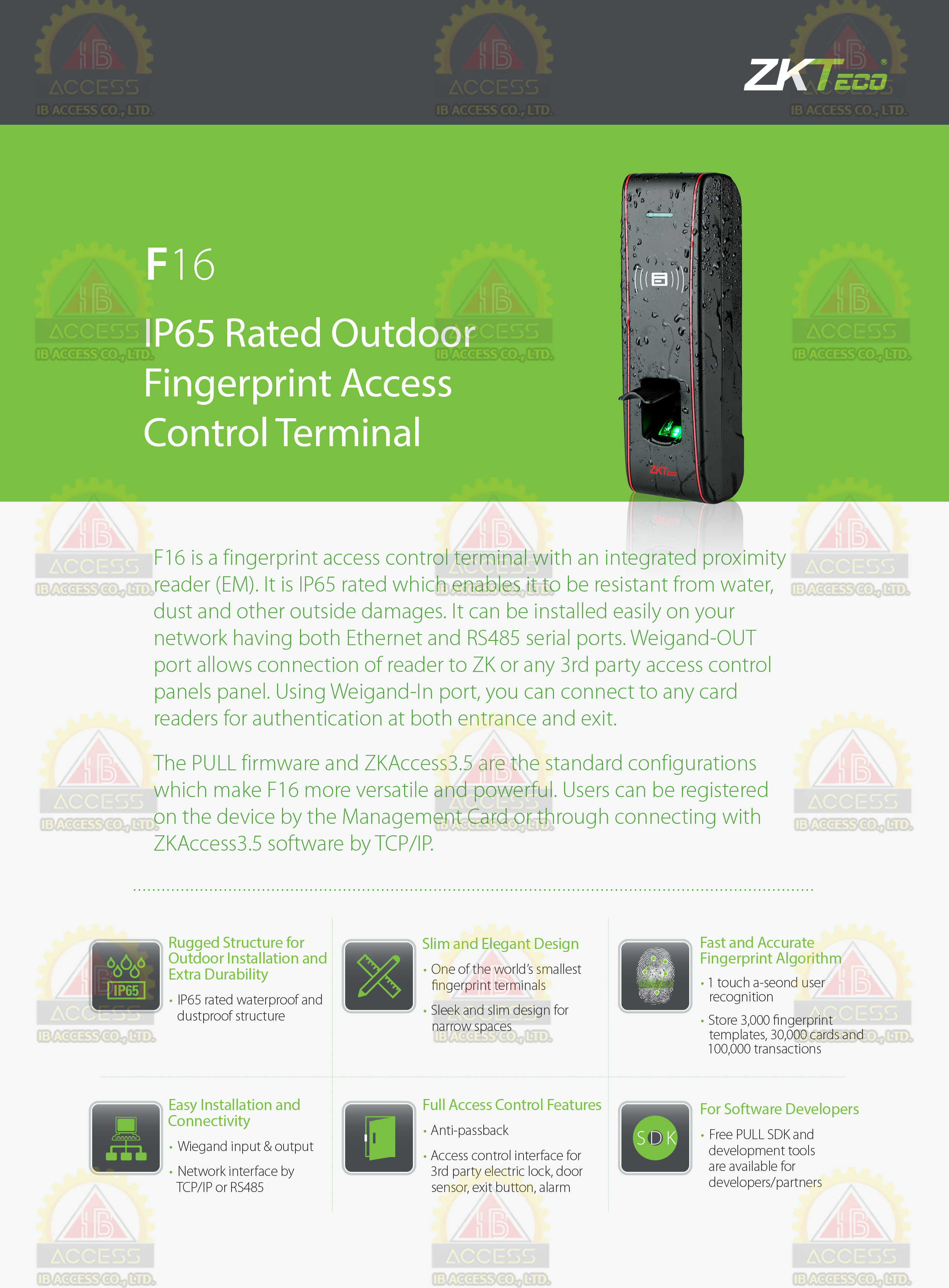 เครื่องสแกนลายนิ้วมือ ยี่ห้อ ZKTeco รุ่น F16 รองรับระบบ Access Control