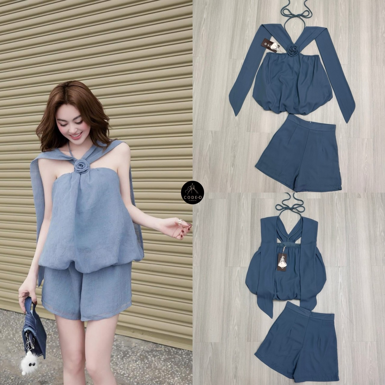 (ป้าย CODE-D) Set 2 ชิ้นสีครามผ้าชีฟองเนี้อทราย ตัวเสื้อแขนกุดสายคล้องคอผูกโบว์และสายคาดไหล่ระบาย