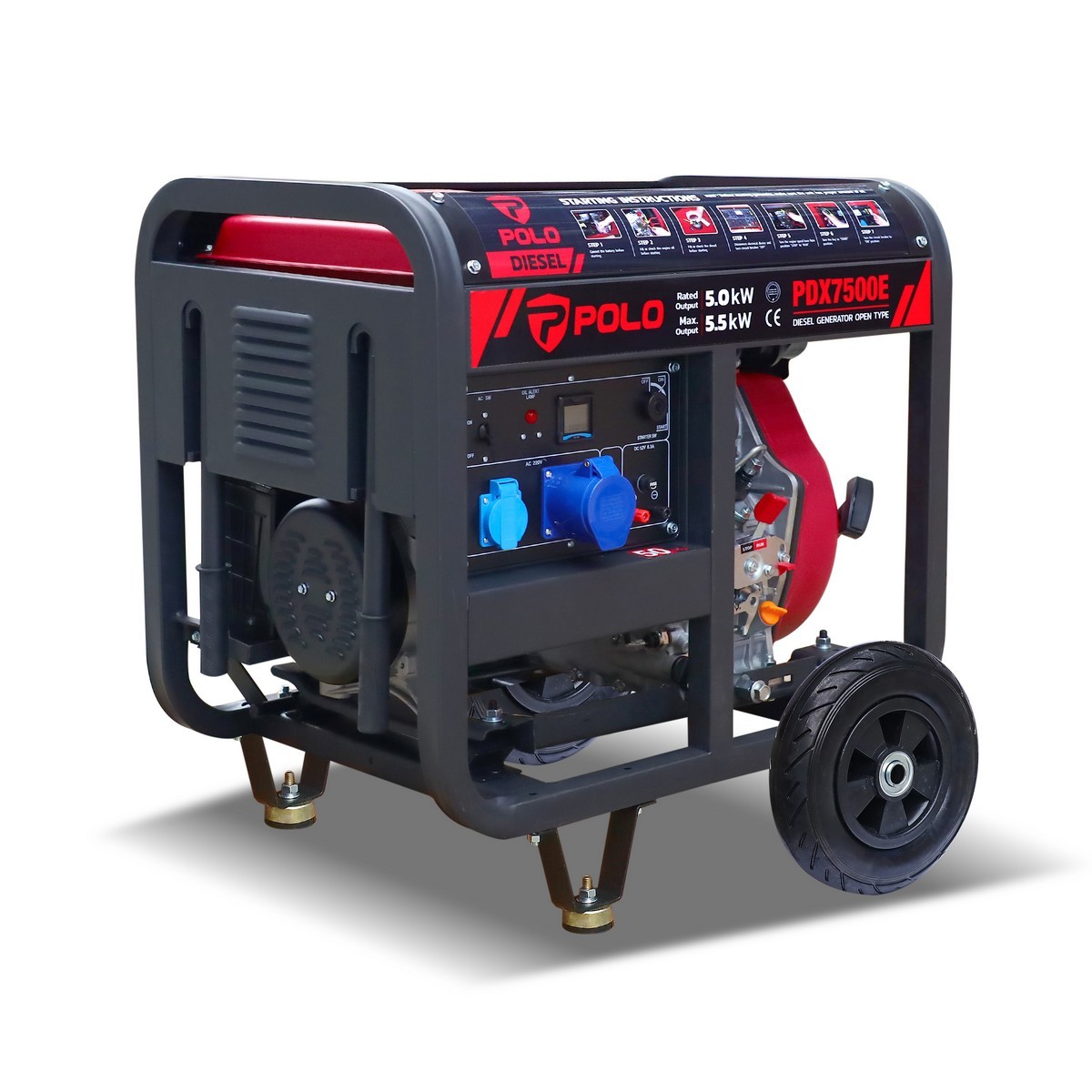 เครื่องปั่นไฟดีเซล 5.5 kW กำลังเครื่องยนต์ 9.0 แรงม้า POLO รุ่น PDX7500E