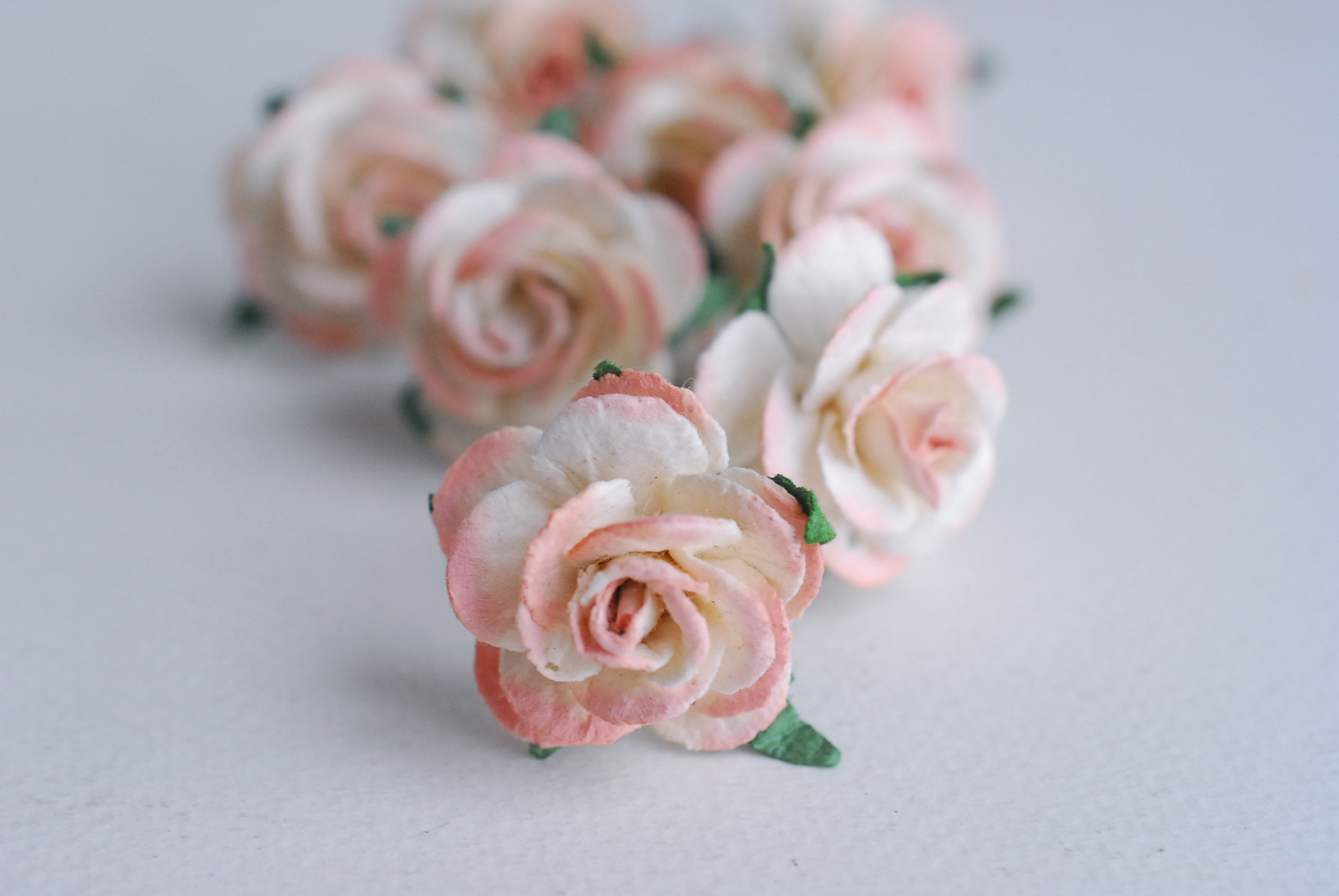 ดอกไม้กระดาษสา ดอกไม้กุหลาบกระดาษ ราคาส่ง, ดอกกุหลาบจิ๋ว ดอกกุหลาบกระดาษสา ดอกไม้ประดิษฐ์ สำหรับตกแต่งของชำร่วย หรืองานแต่งงาน สีpeachอ่อน (light peach brush) ปัดขาวขนาด 2.5 cm. จำนวน 50 ดอก