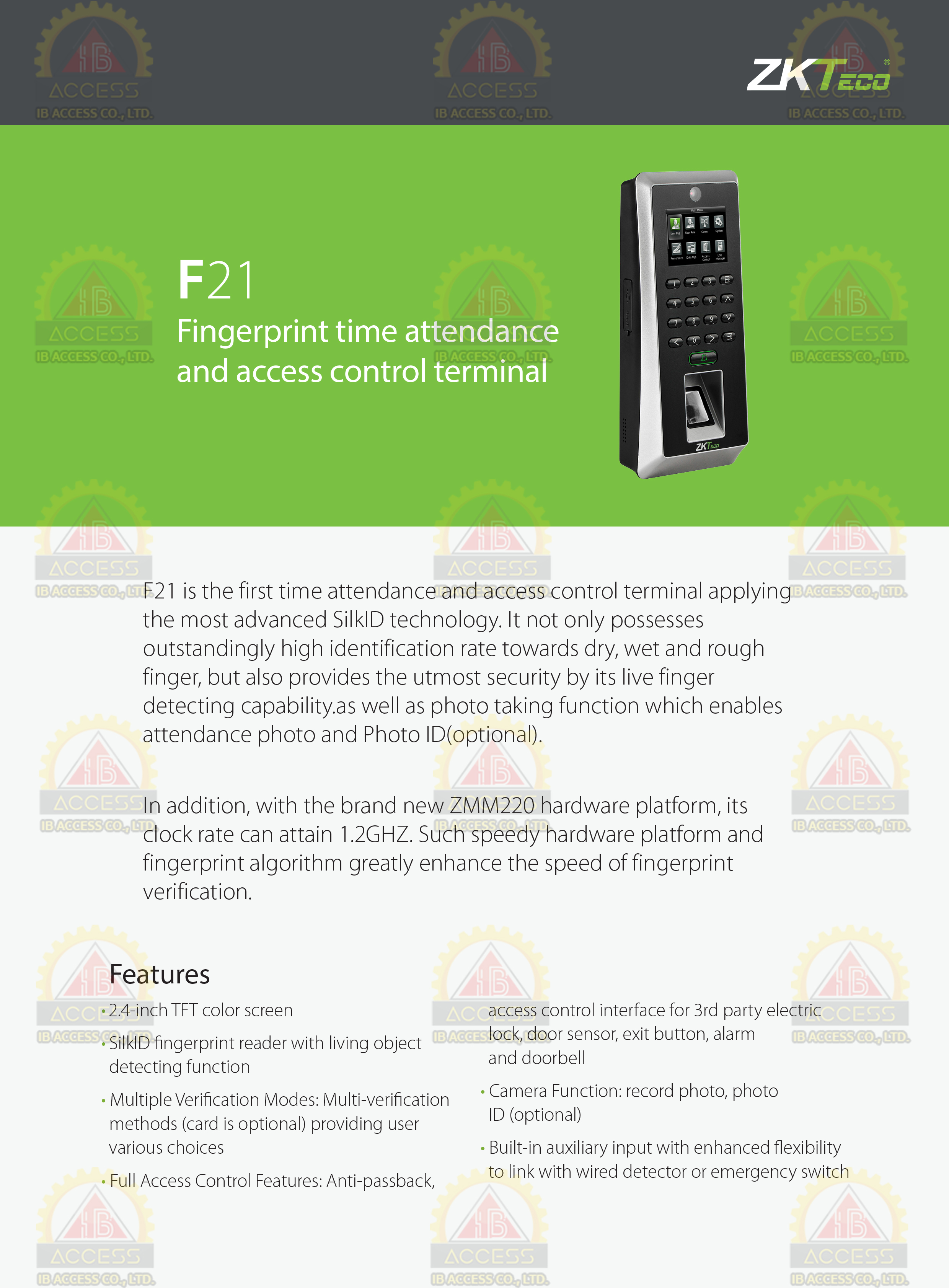 เครื่องสแกนลายนิ้วมือ ยี่ห้อ ZKTeco รุ่น F21 รองรับระบบ Access Control