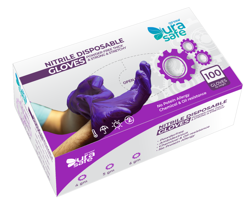[ยกลัง 10 กล่อง] PUR60 ถุงมือไนไตรสีม่วง ไม่มีแป้ง พรีเมี่ยม ยาว 9 นิ้ว หนา 4.5 มิล หนัก 5-6 กรัม (100ชิ้น/กล่อง) แบรนด์ ดูราเซฟ