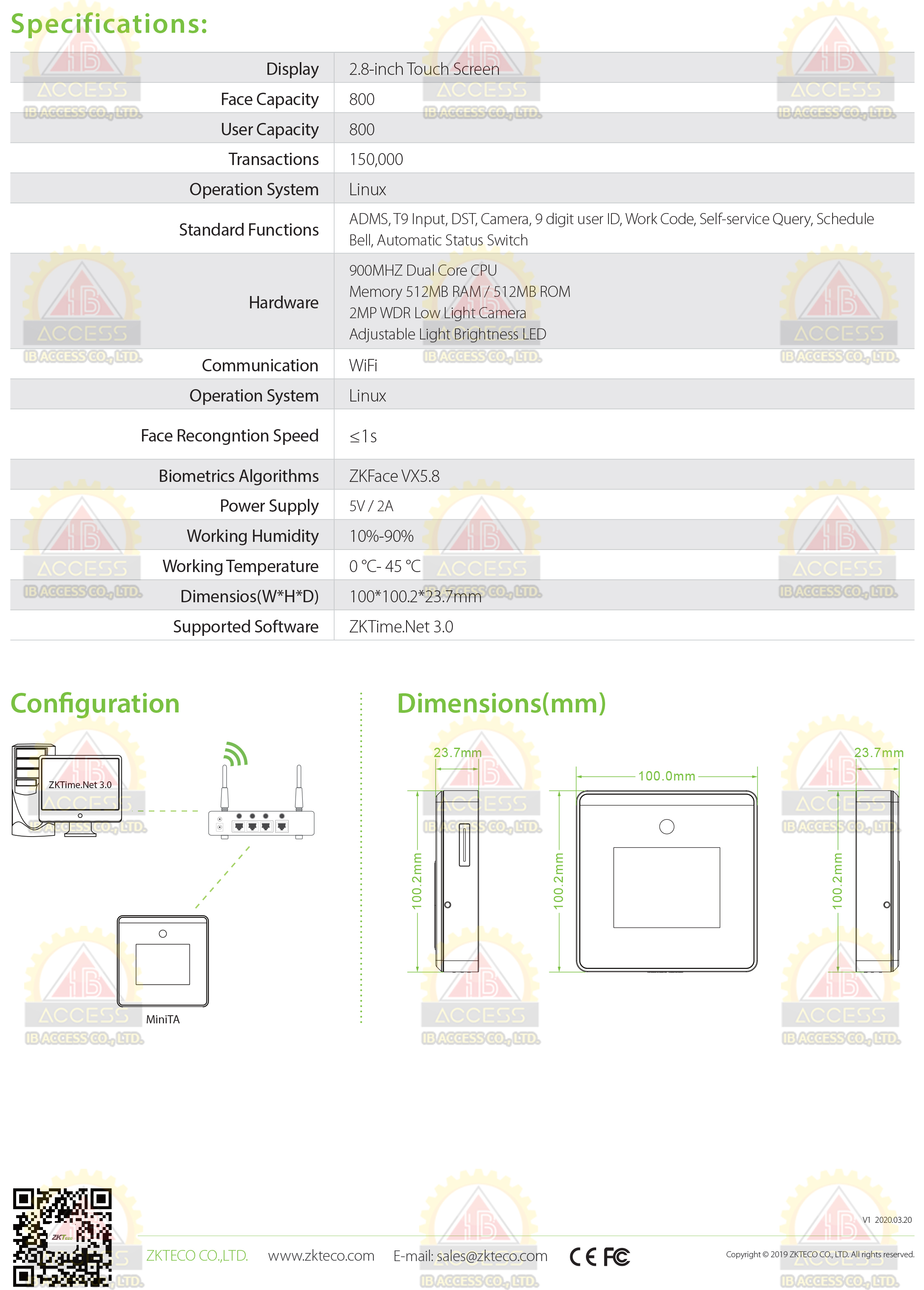 เครื่องสแกนใบหน้า ยี่ห้อ ZKTeco รุ่น MiniTA (wifi)