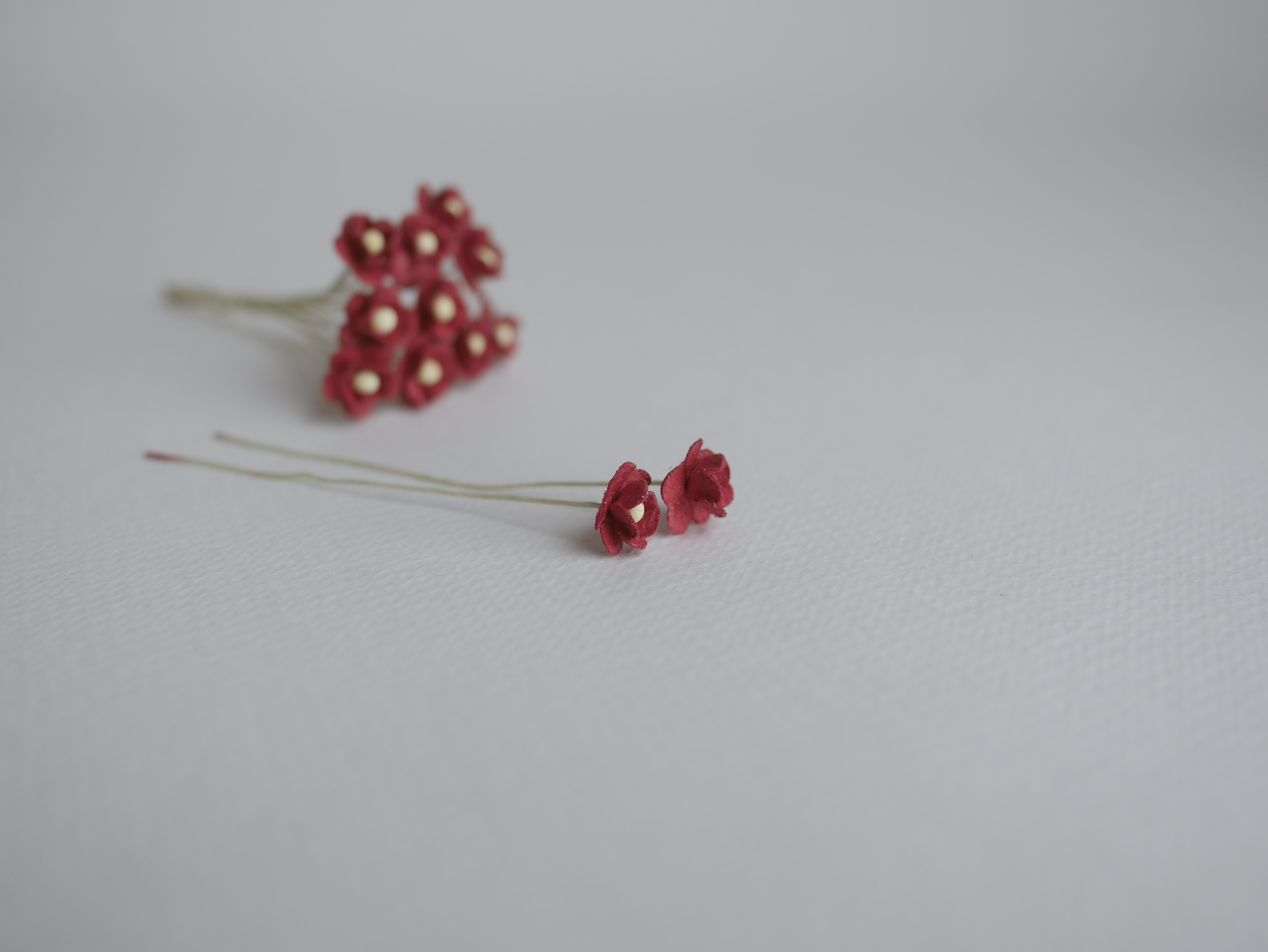 ดอกไม้กระดาษสา ดอกไม้กระดาษสาราคาส่ง ดอกไม้กระดาษสำหรับตกแต่ง งานแต่งงาน หรือติดของชำร่วย ดอก creeping lady 100 ดอก ขนาด 0.8 cm. สีแดงเข้ม Small Paper Flower with stem, 100 pcs., size 0.8 cm., creeping flowers 2 layers, dark red color.