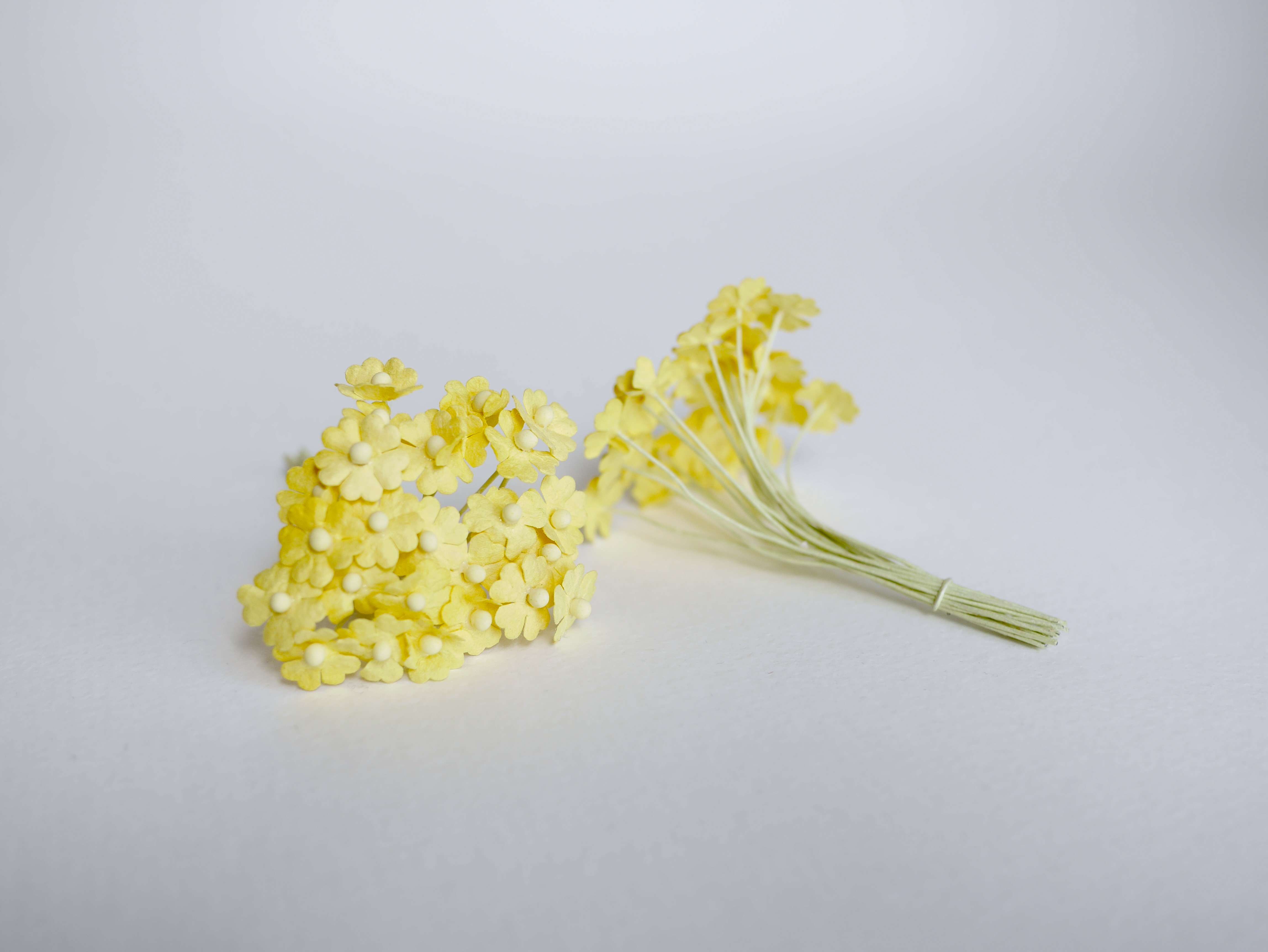 ดอกไม้กระดาษสา ดอกไม้กระดาษสาราคาส่ง ดอกไม้กระดาษสำหรับตกแต่ง งานแต่งงาน หรือติดของชำร่วย ดอกไม้จิ๋ว 100 ดอก ขนาด 1 cm. สีเหลือง Small Paper Flower with stem, , 100 pcs., size 1 cm., small creeping ladies flowers 1 layer, yellow color.
