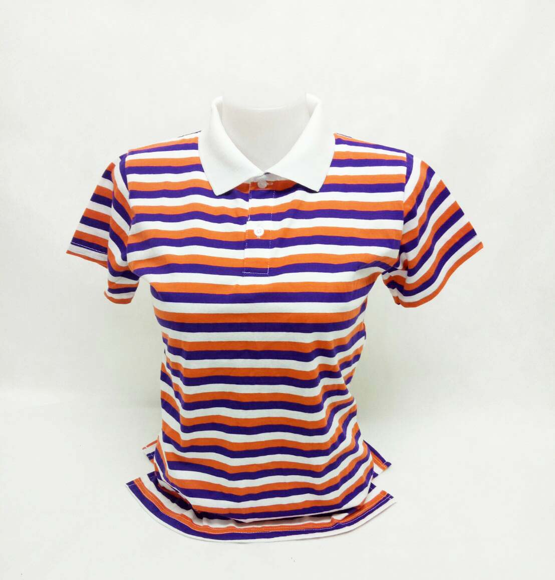 เสื้อโปโลลายทาง เสื้อโปโลลายริ้ว สีม่วง ส้ม ขาว ปกสีขาว