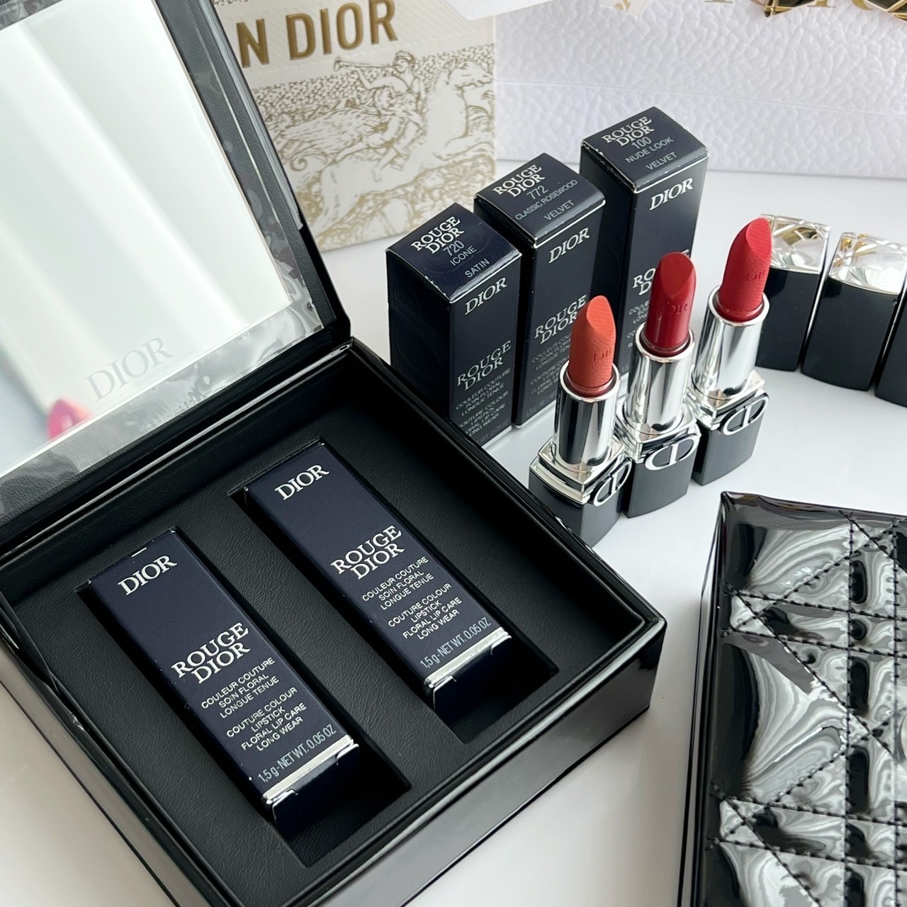 เซ็ทลิปสติก Dior Rouge Lipstick Mini Set 2 Pcs. with Lipstick Case สีดำหนังแก้ว