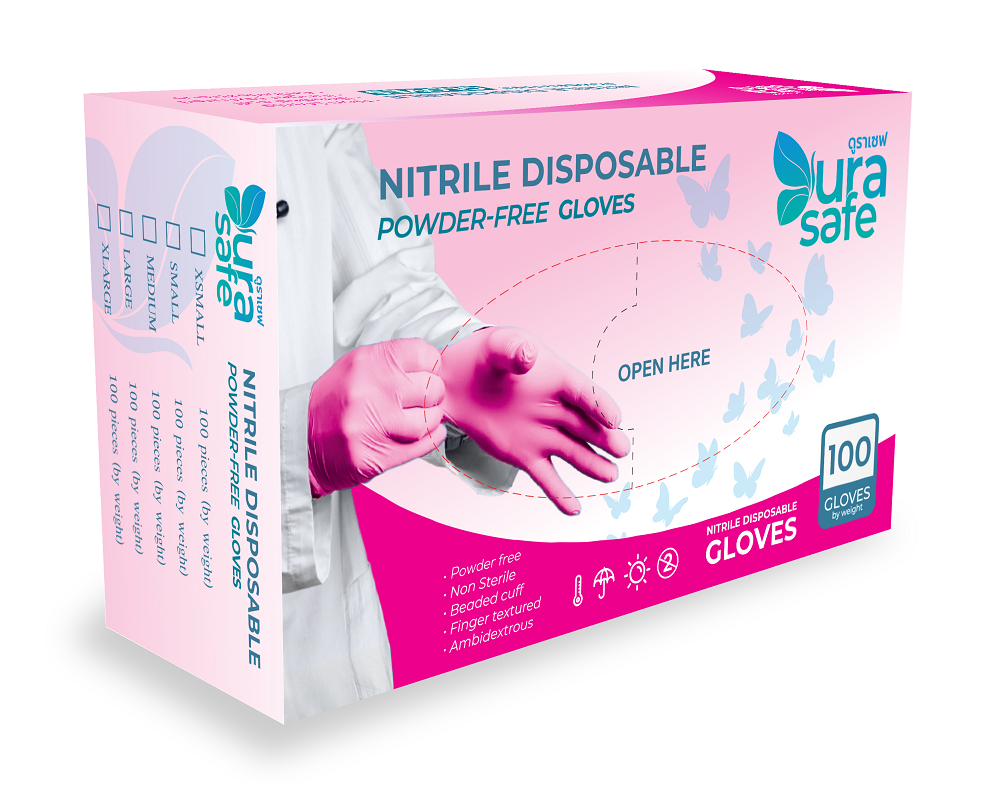 [ยกลัง 10 กล่อง] PNK38 ถุงมือไนไตร สีชมพูพาสเทล รุ่นบางกระชับ ยาว 9 นิ้ว หนา 3 มิล หนัก 3.8 กรัม (100ชิ้น/กล่อง)