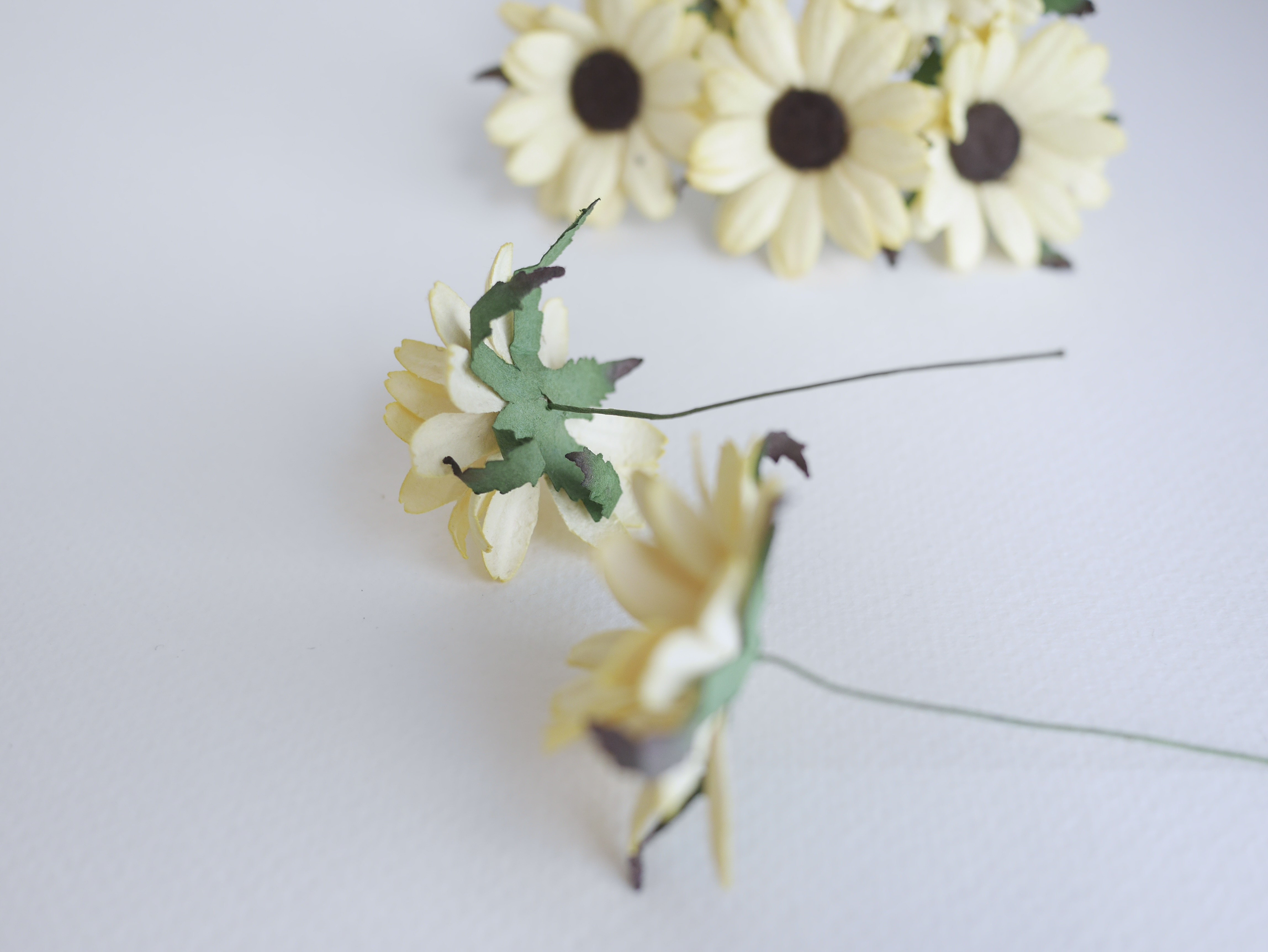 ดอกไม้กระดาษสา ดอกไม้ประดิษฐ์จากกระดาษสา ดอกเดซี่ เกสรสีน้ำตาลเข้ม ดอกไม้กระดาษสาขายส่ง ดอกไม้ประดิษฐ์ ดอกไม้ทำข้อมือเพื่อนเจ้าสาว ดอก daisy ขนาด 3.5 cm. จำนวน 25 ดอก สีเหลืองอ่อน Paper Flower, 25 Daisy Flowers, pale yellow color, size 3.5 cm., brown poll