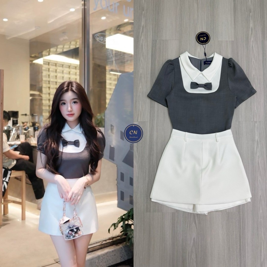 (ป้าย Chanat) Set 2 ชิ้น เสื้อสีเทาคอกลมสีขาวกับกระโปรงสั้นเอวสูงสีขาว