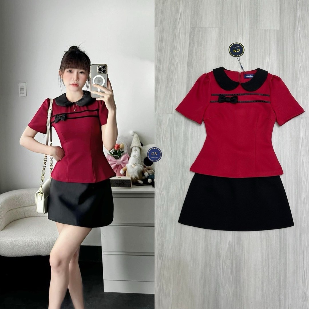 (ป้าย Chanat) XS l S l M l L Set 2 ชิ้น เสื้อทรงเข้ารูปตัวยาวแขนสั้นสีแดงกับกระโปรงสั้นทรงเอสีดำ