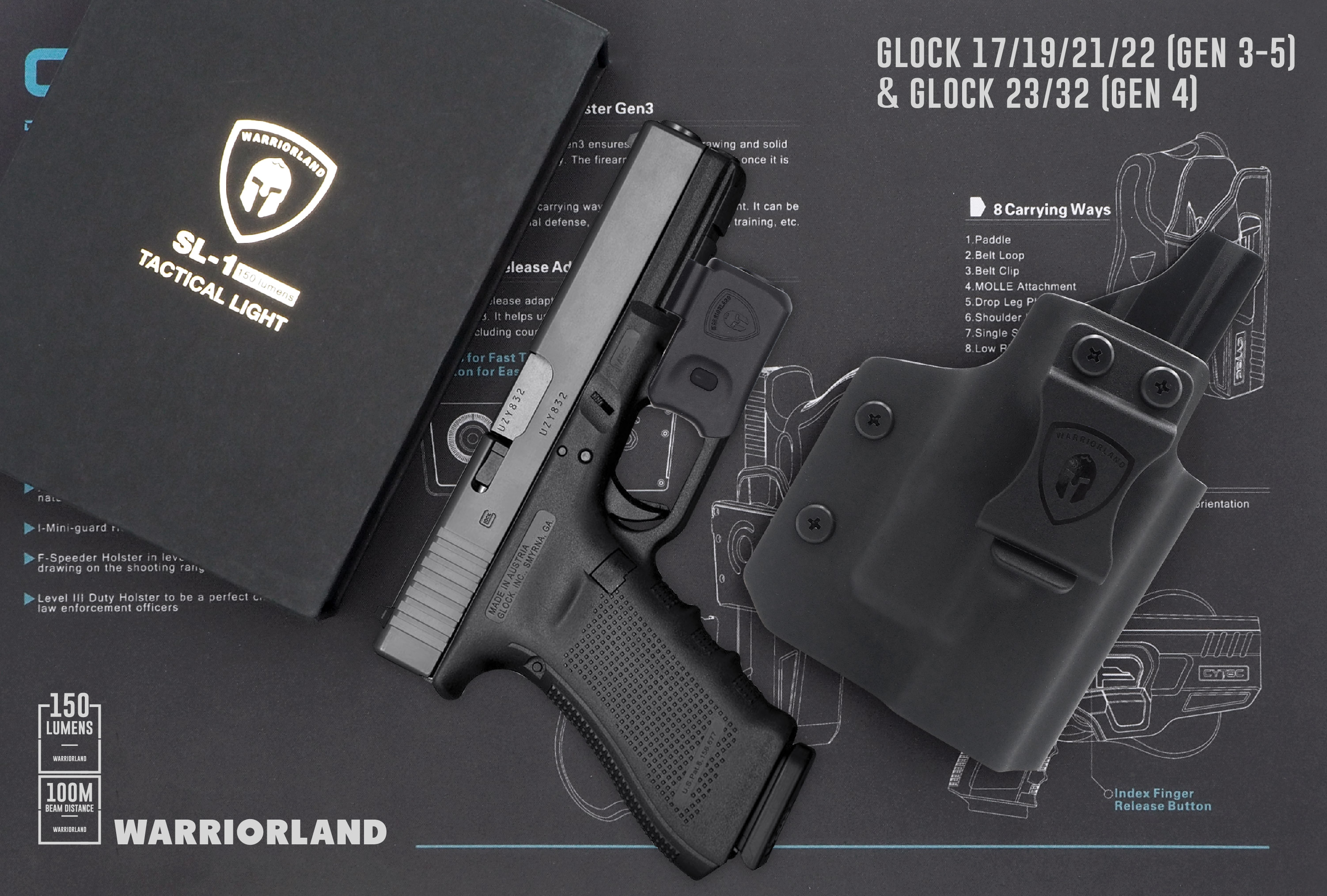 ไฟฉาย Warriorland SL-1 + ซองพกใน Kydex Glock 17/19/21/22 (Gen 3-5) & Glock 23/32 (Gen 4) (K2460)