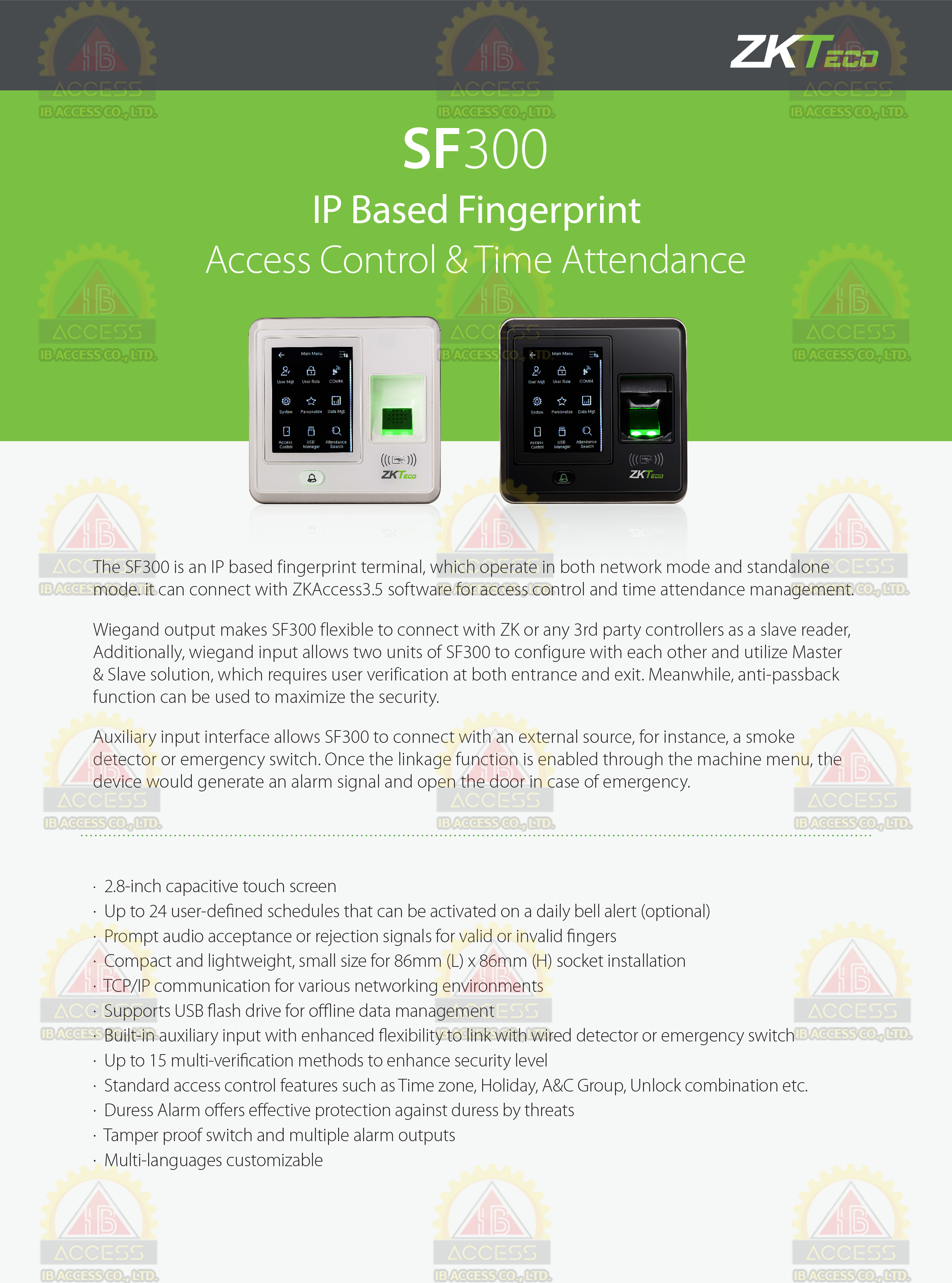 เครื่องสแกนลายนิ้วมือ ยี่ห้อ ZKTeco รุ่น SF300 รองรับระบบ Access Control