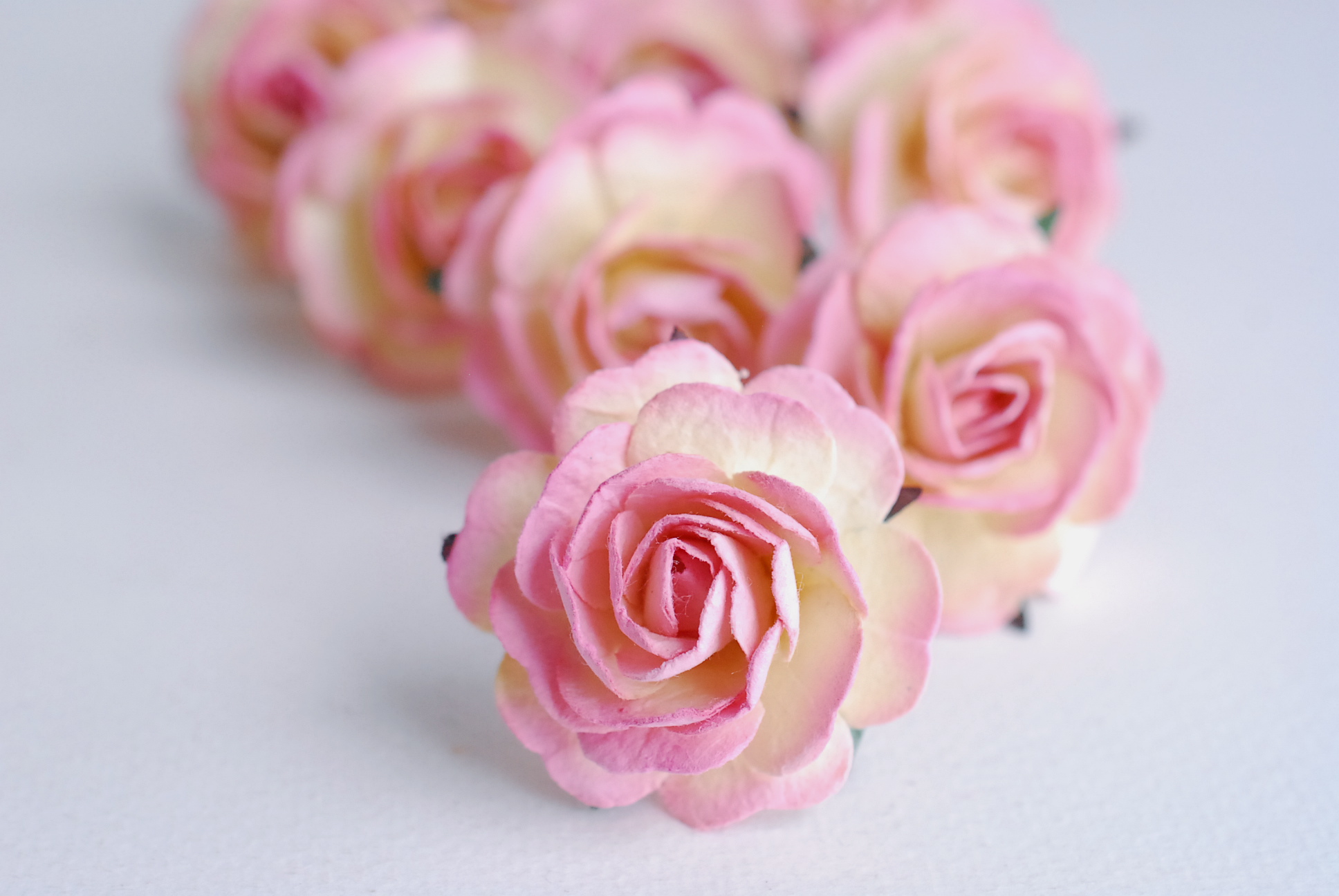 ดอกไม้กระดาษสา ราคาส่ง, ดอกกุหลาบกระดาษสา ดอกไม้ประดิษฐ์ สำหรับตกแต่ง หรืองานแต่งงาน สีชมพูหวานปัดครีมขนาด 3.5 cm. จำนวน 25 ดอก Paper flowers, handmade flowers, small roses paper size 3.5 cm. 25 pieces, pink brush ivory color.