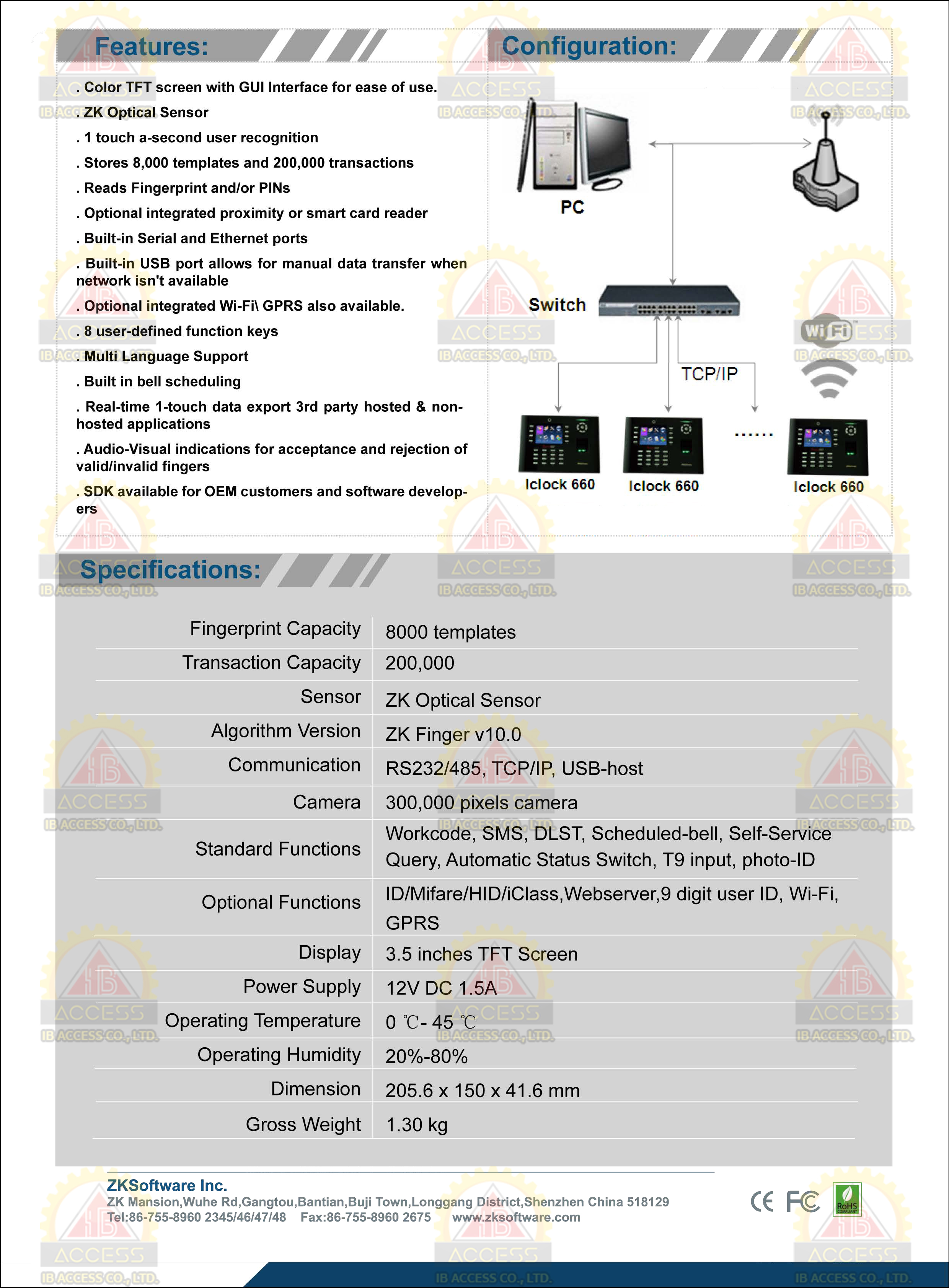 เครื่องสแกนลายนิ้วมือ ยี่ห้อ ZKTeco รุ่น IClock660