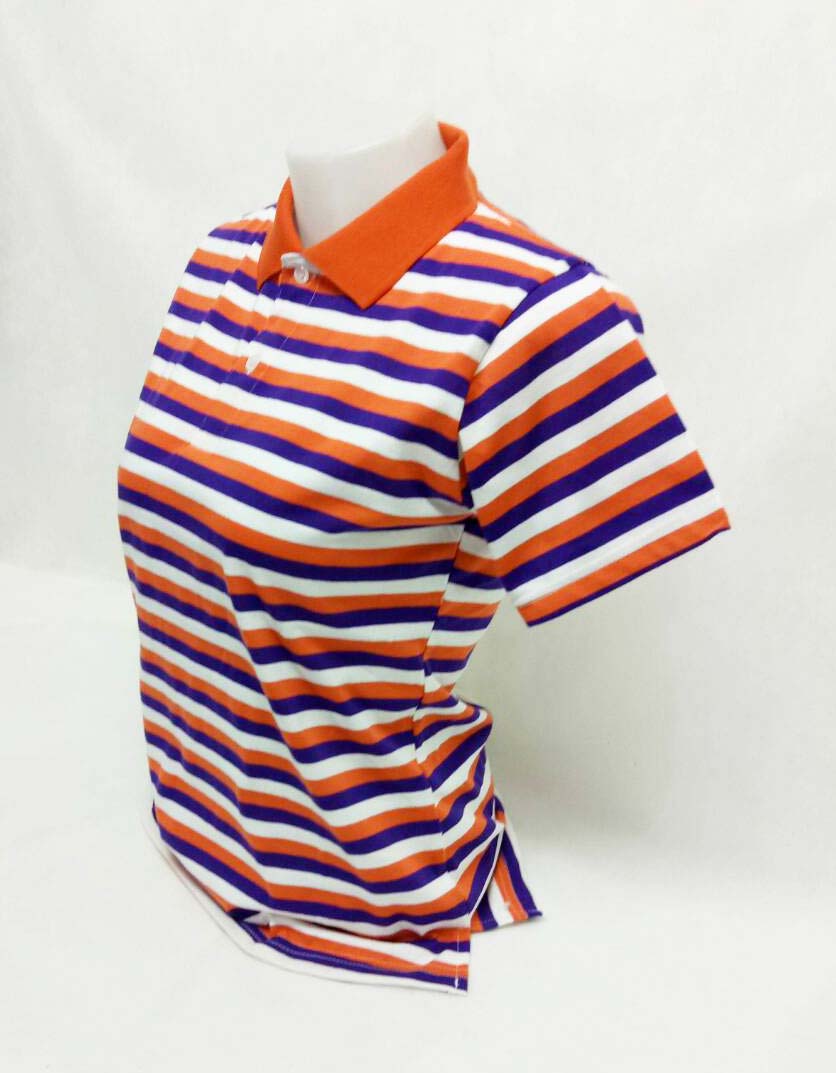 เสื้อโปโลลายทาง เสื้อโปโลลายริ้ว สีม่วง ส้ม ขาว ปกสีส้ม