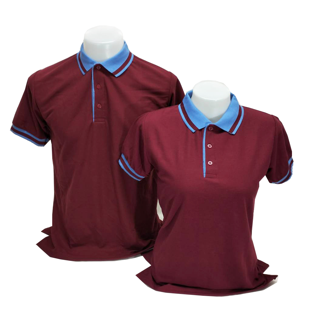 เสื้อโปโลสีเลือดหมู TC แขนจั๊ม ปกสีฟ้าคราม
