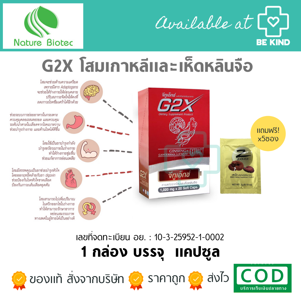 G2X ขนาด 20 แคปซูล โสมและเห็ดหลินจือสกัด (แถมฟรี zengo 5 ซอง)