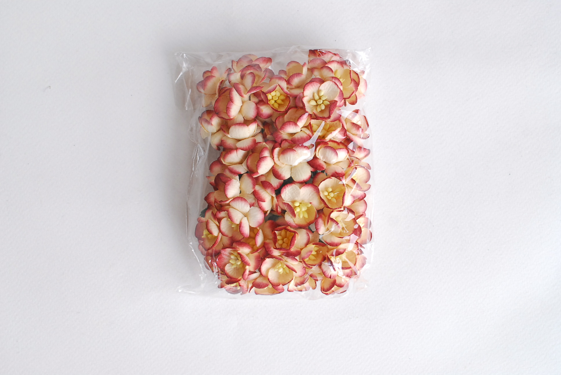 ดอกไม้กระดาษสา ดอกไม้กระดาษสาราคาส่ง ดอกไม้กระดาษสำหรับตกแต่งของชำร่วย งานแต่งงาน ทำช่อดอกไม้ติดอกเจ้าบ่าว ข้อมือดอกไม้เจ้าสาว ขนาด2.5 cm. 50 ดอก Paper flowers supplies: DIY wedding tools Cherry blossom (Sakura) 50 pcs. size 2.5 cm. Ivory brush dark red c