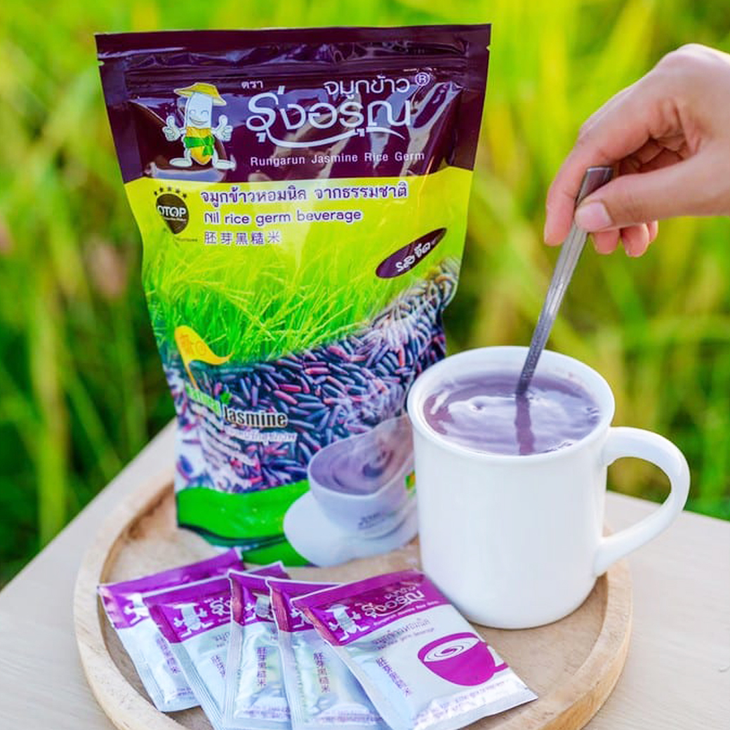 703 รุ่งอรุณ จมูกข้าวหอมนิล รสจืด ซองม่วง 200g. Rungarun Nil Rice Germ Beverage เจ