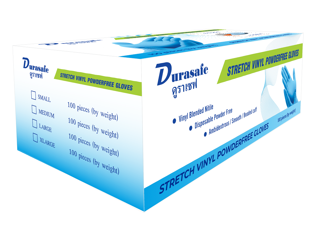 [ยกลัง 10 กล่อง] VBL50 ถุงมือไวนิลผสมไนไตร สีฟ้า ไม่มีแป้ง ยาว 9 นิ้ว หนา 4 มิล หนัก 5 กรัม (100ชิ้น/กล่อง) แบรนด์ ดุราเซฟ