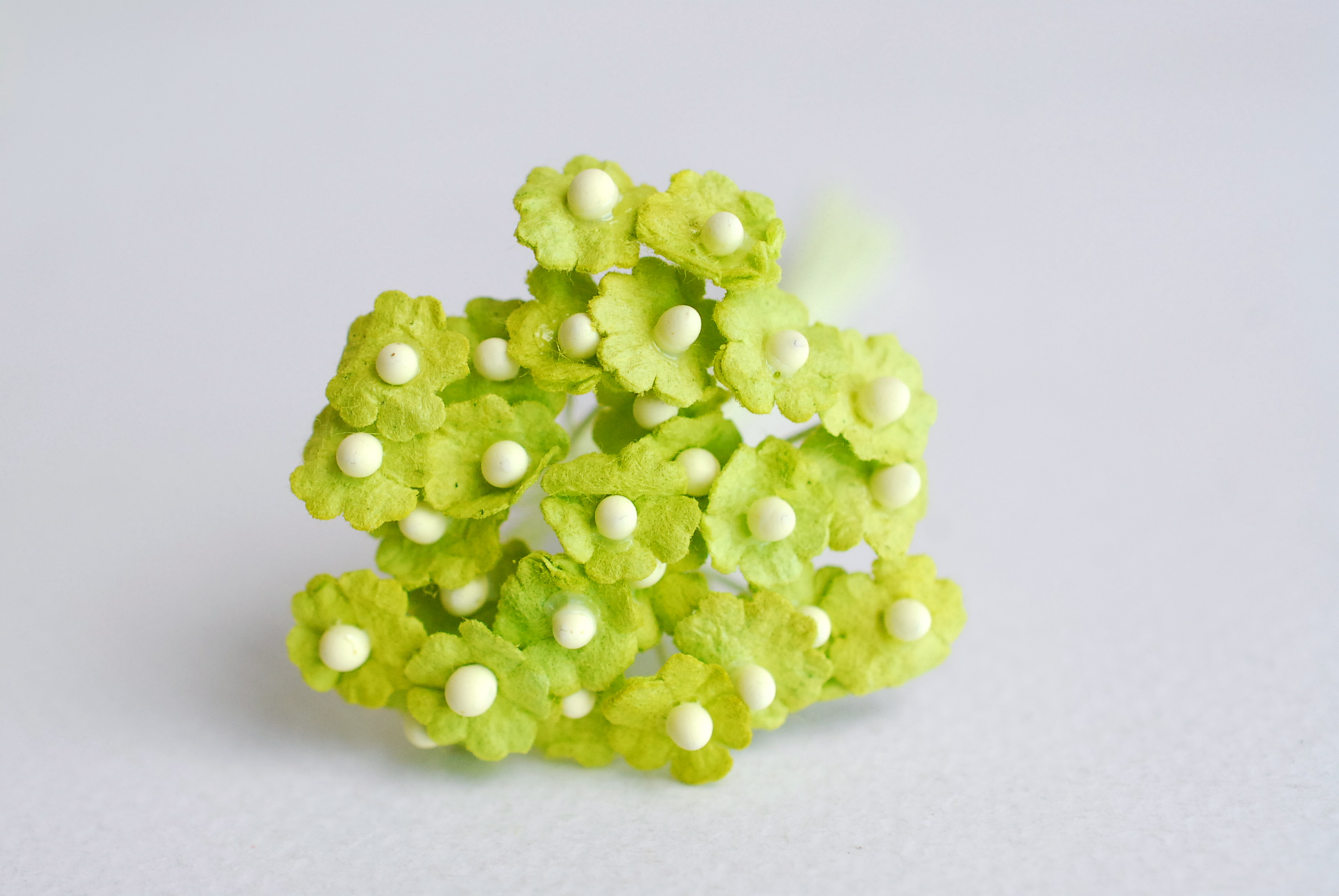 ดอกไม้กระดาษสา ดอกไม้กระดาษสาราคาส่ง ดอกไม้กระดาษสำหรับตกแต่ง งานแต่งงาน หรือติดของชำร่วย ดอกไม้จิ๋ว 100 ดอก ขนาด 0.6 cm. สีเขียว Small Paper Flower with stem, , 100 pcs., size 0.6 cm., small creeping ladies flowers 1 layer, green color.