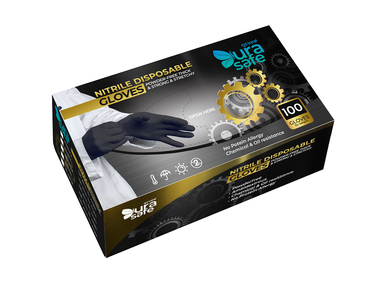 [ยกลัง 10 กล่อง] BLK50 ถุงมือไนไตรสีดำ ไม่มีแป้ง พรีเมี่ยม ยาว 9 นิ้ว หนา 4 มิล หนัก 5-6 กรัม (100ชิ้น/กล่อง) แบรนด์ ดูราเซฟ