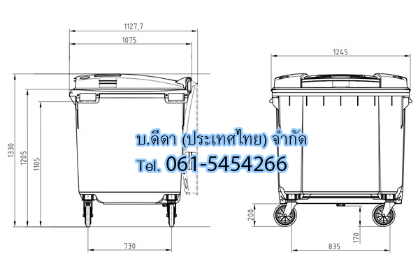 ถังขยะ กทม. พร้อมล้อเข็น 1100 ลิตร รุ่นฝาเรียบ สีเขียว