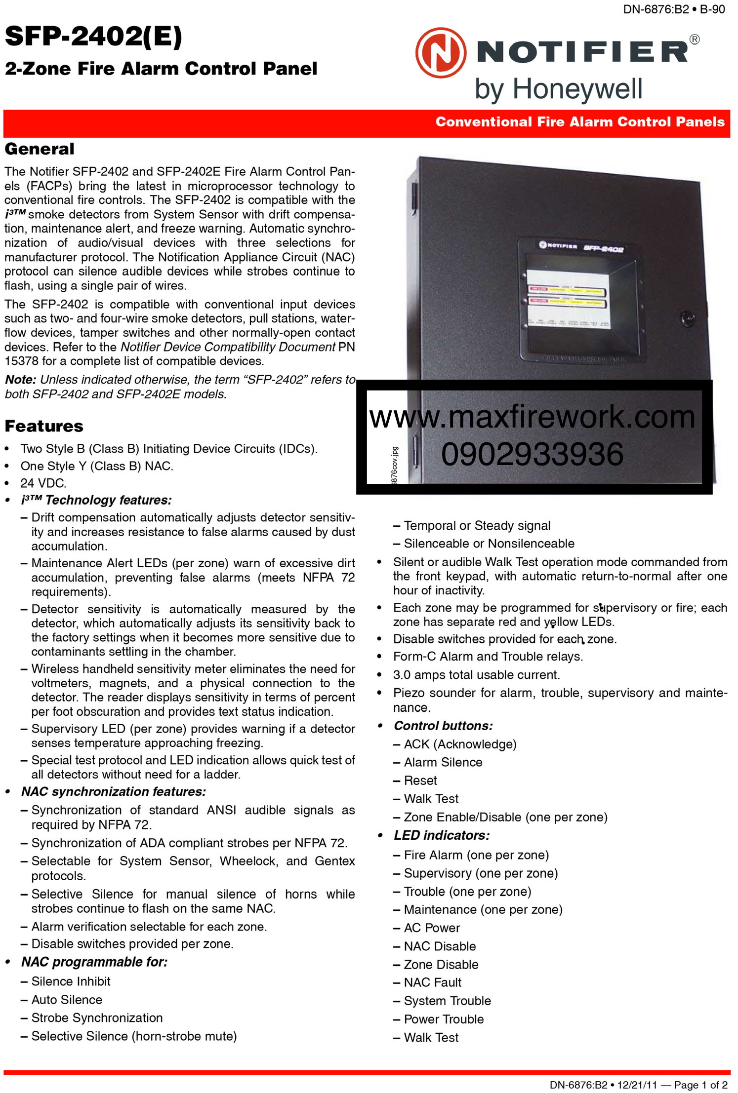 Fire Alarm Control Panels 2 Zone รุ่น SFP-2402 ยี่ห้อ Notifier มาตรฐาน UL