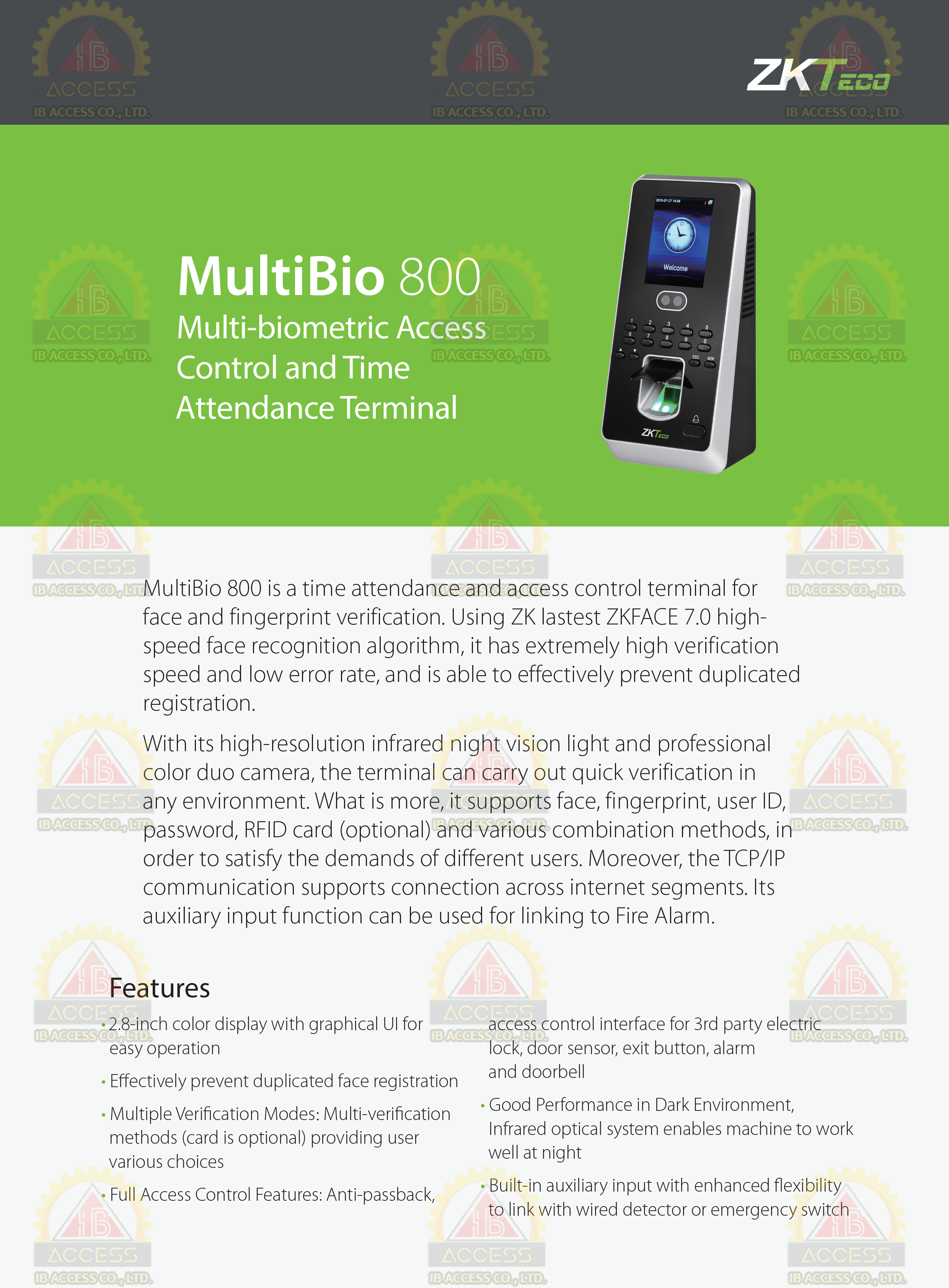 เครื่องสแกนใบหน้า ยี่ห้อ ZKTeco รุ่น Multibio800/ID รองรับระบบ Access Control