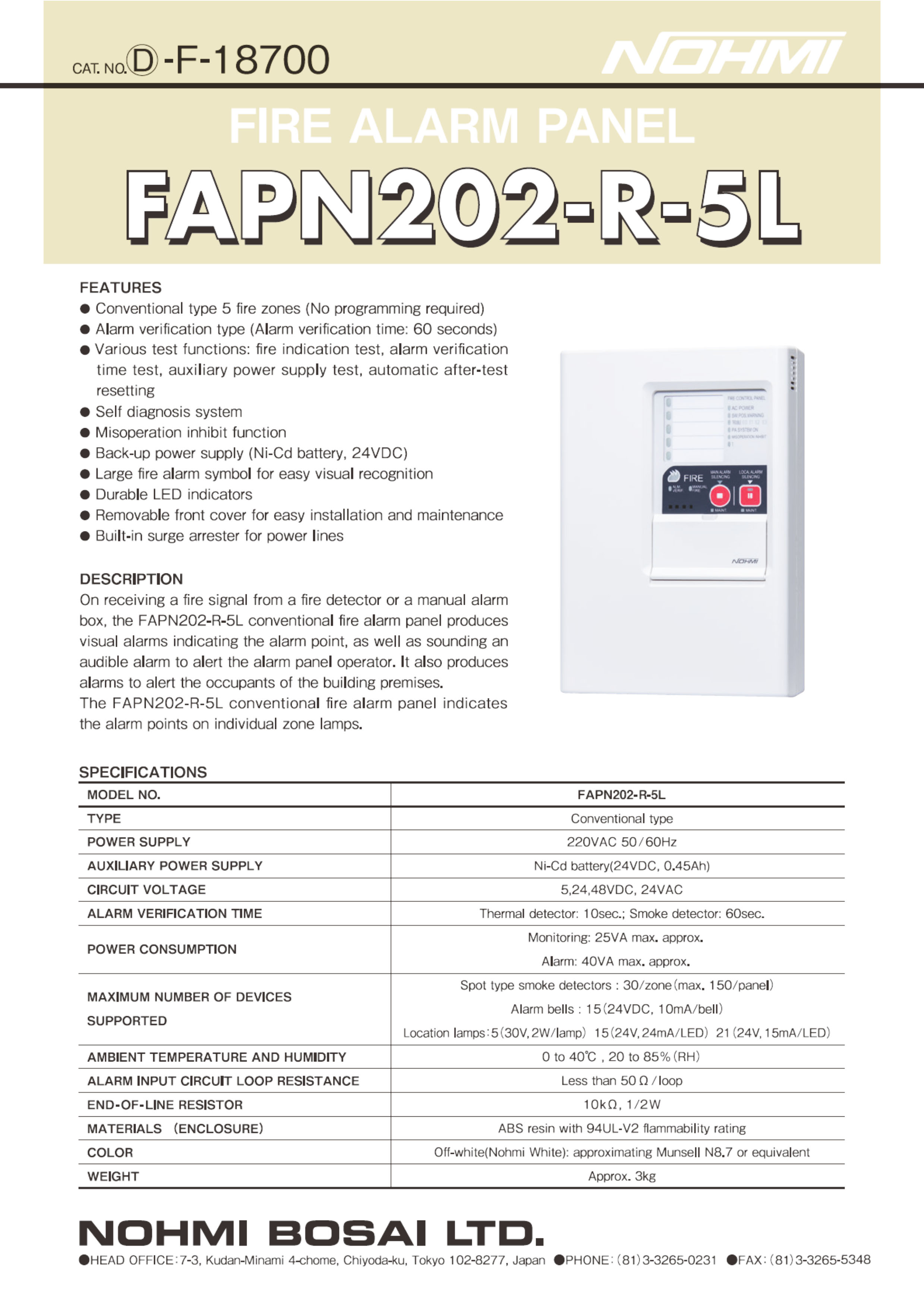 "NOHMI" Model FAPN202-R-5L Fire Alarm Control Panel ,Wall Type