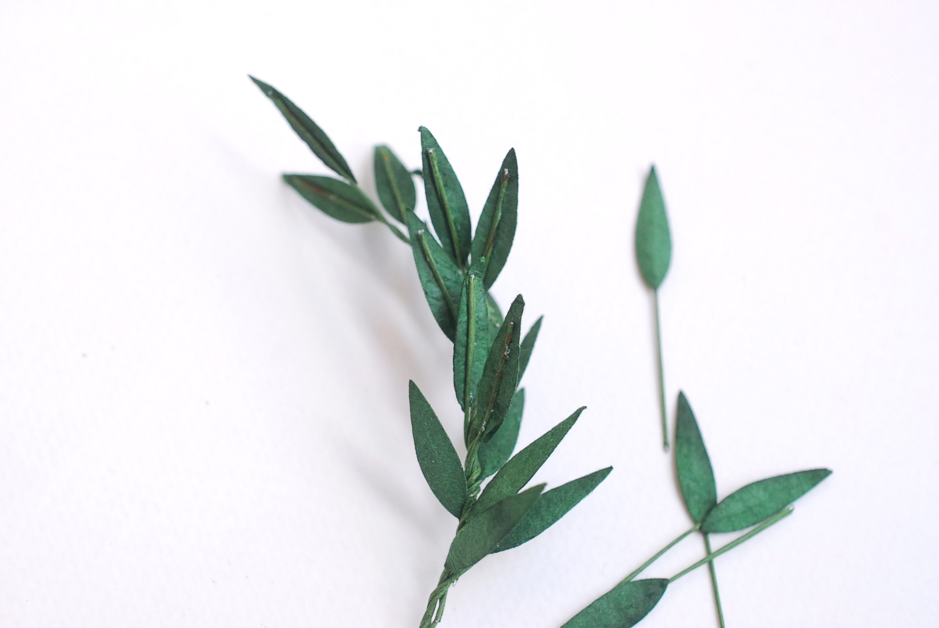 ใบไม้กระดาษ ใบไม้กระดาษสา ราคาส่ง,ใบไม่้กุหลาบกระดาษ สำหรับดอกมะลิกระดาษสา ใบไม้ประดิษฐ์ สำหรับตกแต่ง หรืองานแต่งงาน สีเขียวเข้ม rosemary ขนาด 1.00x2.5 cm. จำนวน 100 ใบ