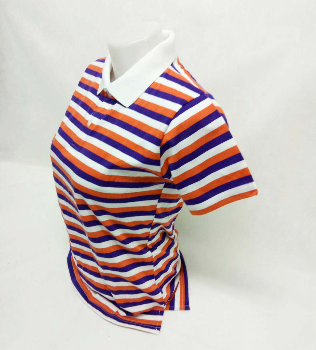 เสื้อโปโลลายทาง เสื้อโปโลลายริ้ว สีม่วง ส้ม ขาว ปกสีขาว