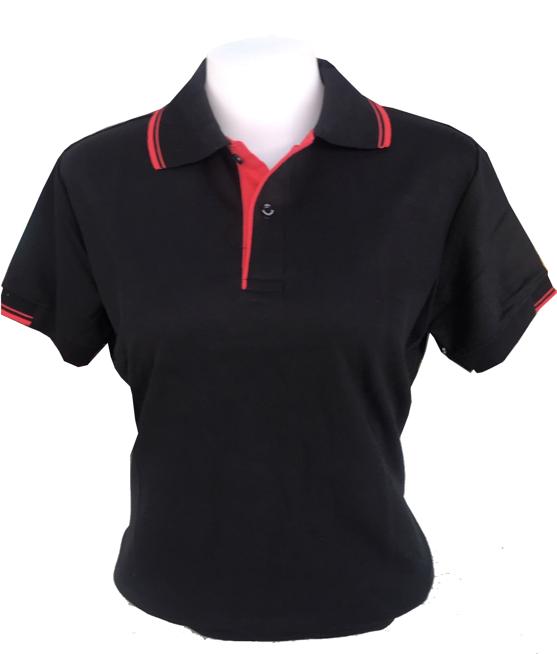 เสื้อโปโลสีดำ TK แขนจั๊มครึ่งเดียว ปก แขนมีลายเส้นสีแดง สาบแดง