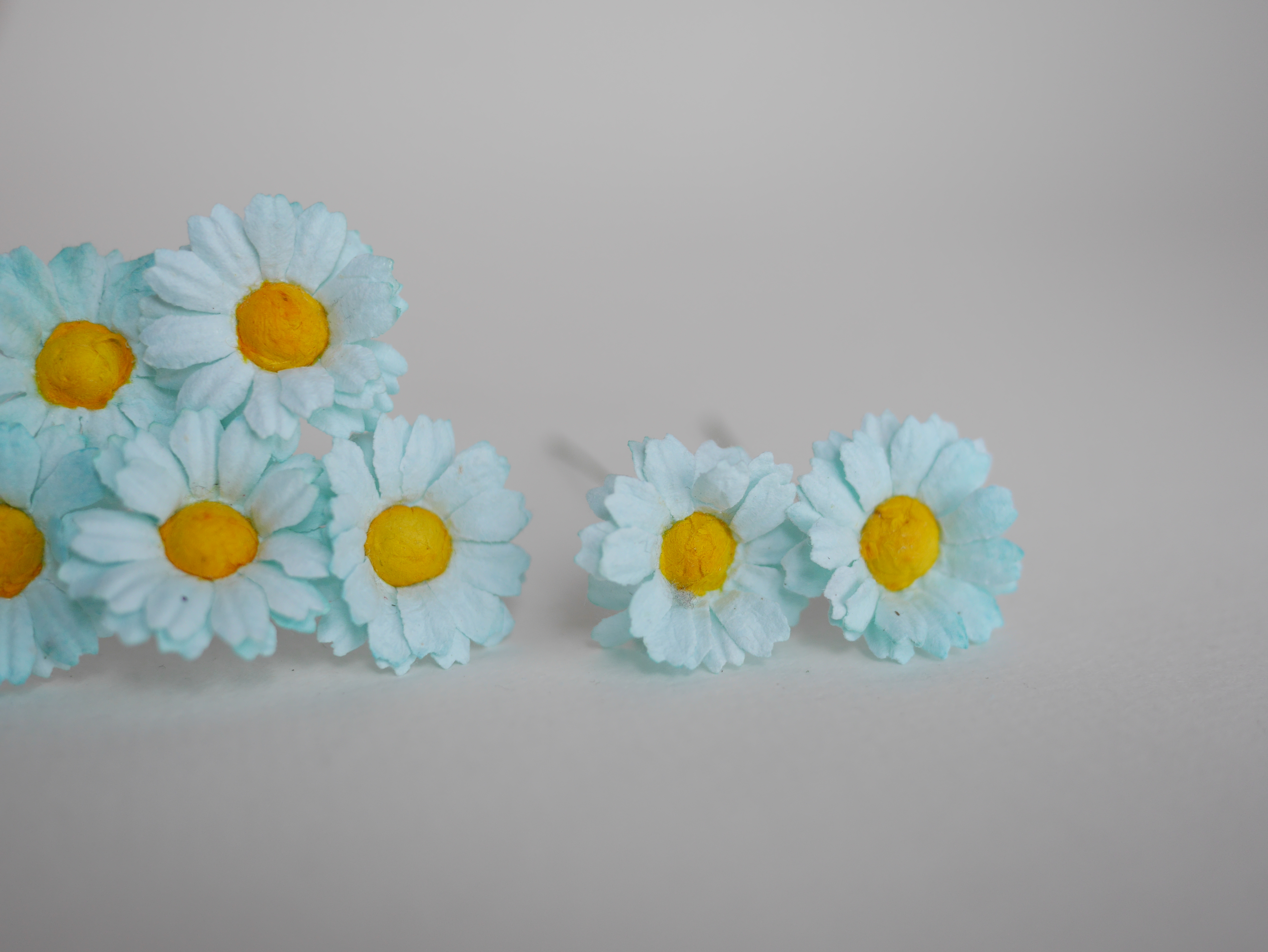 ดอกไม้กระดาษสา ดอกไม้ประดิษฐ์จากกระดาษสา ดอกเดซี่ เกสรสีทอง ดอกไม้กระดาษสาขายส่ง ดอกไม้ประดิษฐ์ ดอกไม้ทำข้อมือเพื่อนเจ้าสาว ดอก daisy ขนาด 3 cm. จำนวน 25 ดอก สีฟ้ามิ้นท์ Paper Flower, 25 Daisy Flowers, blue-sky mint color, size 3 cm., yellow pollen.