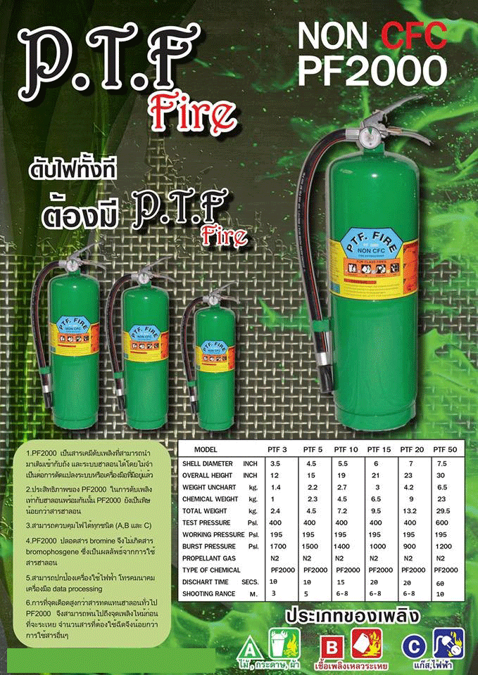 ถังดับเพลิง (NON-CFC) น้ำยาเหลวระเหย ขนาด 15 ปอนด์ (Clean Agent)CLEAN AGENT FIRE EXTINGUISHER(PF2000) ENIVERONMENTAL FRIENDLY(NON-CFC) ผลิตภัณฑ์ที่เป็นมิตรต่อสิ่งแวดล้อม