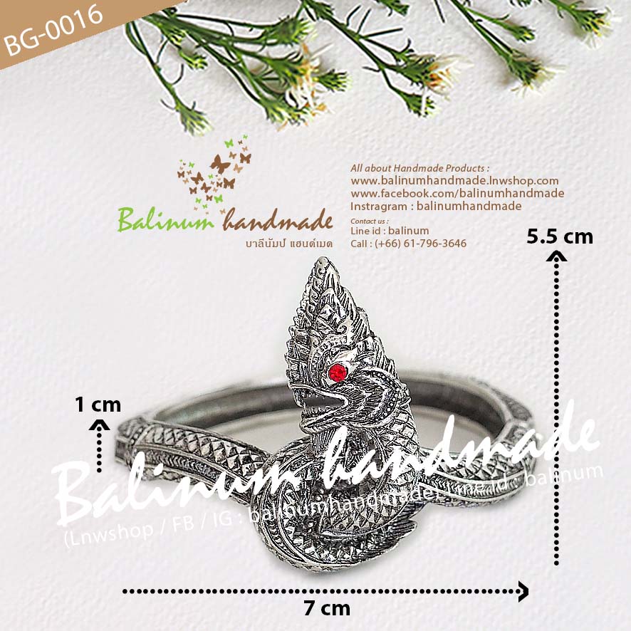กำไลเงินรูปพญานาค ประดับเพชร งานแฮนด์เมด สวมใส่ง่าย เพราะเป็นแบบง้าง เงิน (Silver)