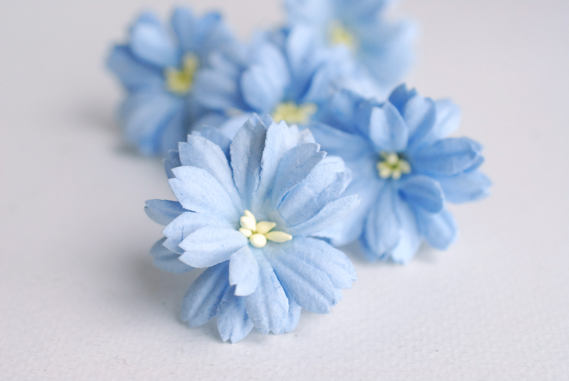 ดอกไม้กระดาษสา ดอกไม้ประดิษฐ์จากกระดาษสา ดอกไม้กระดาษสาขายส่ง ดอกไม้ประดิษฐ์ ดอกไม้ทำข้อมือเพื่อนเจ้าสาว ดอก daisy ขนาด 3.5 cm. จำนวน 25 ดอก สีน้ำเงินตุ่น Paper Flower, 25 Daisy Flowers, pale blue color, size 4.5 cm.,ivory pollen