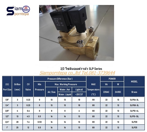 SLP-20-Serie Solenoid valve 2/2 size 3/4" ทองเหลือง แรงดันสูง 16 บาร์ ไฟ 12v 24v 110v 220v ใช้กับ ลม น้ำ น้ำมัน แก๊ส จาก Semax Taiwan ส่งฟรีทั่วประเทศ