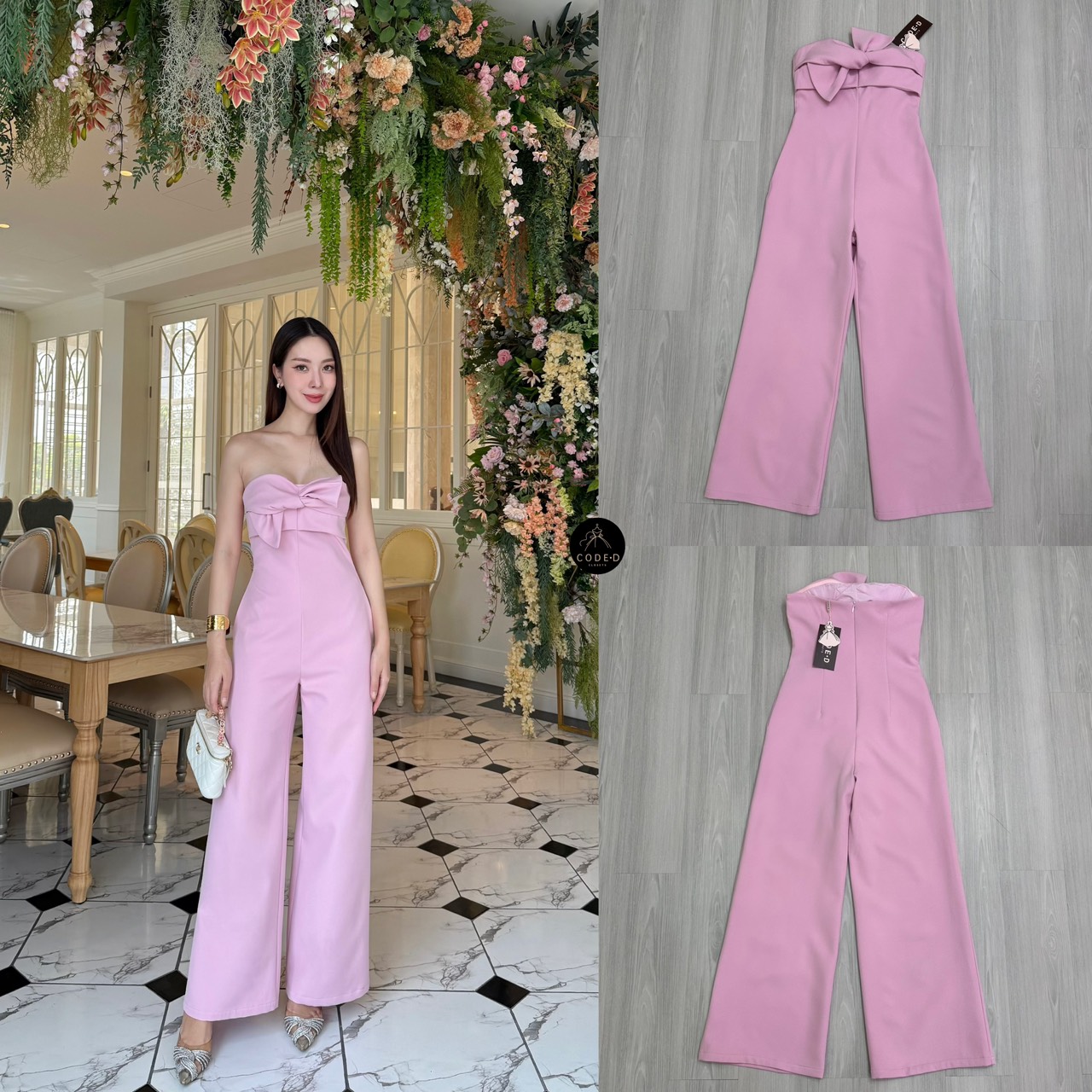(ป้าย CODE-D) จั้มสูทเกาะอกขายาวสีชมพู ช่วงอกแต่งปกขอบผูกโบว์ใหญ่