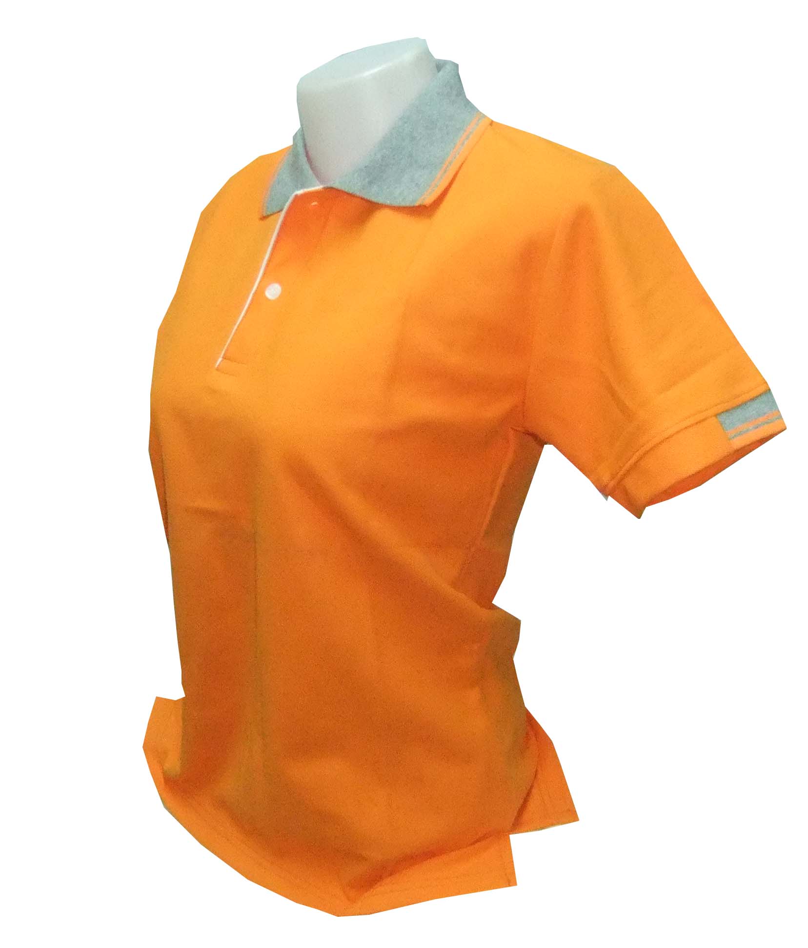 เสื้อโปโลหญิงสีส้ม ปกสีเท่าลายขลิบสีส้ม แขนจั๊มครึ่งเดียว