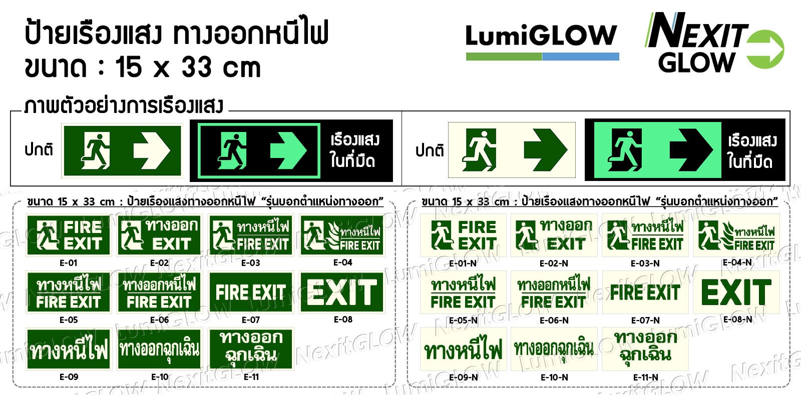 (E01-N) ป้ายทางออกหนีไฟเรืองแสง LumiGLOW 15 x 33 cm (เกรดญี่ปุ่น)