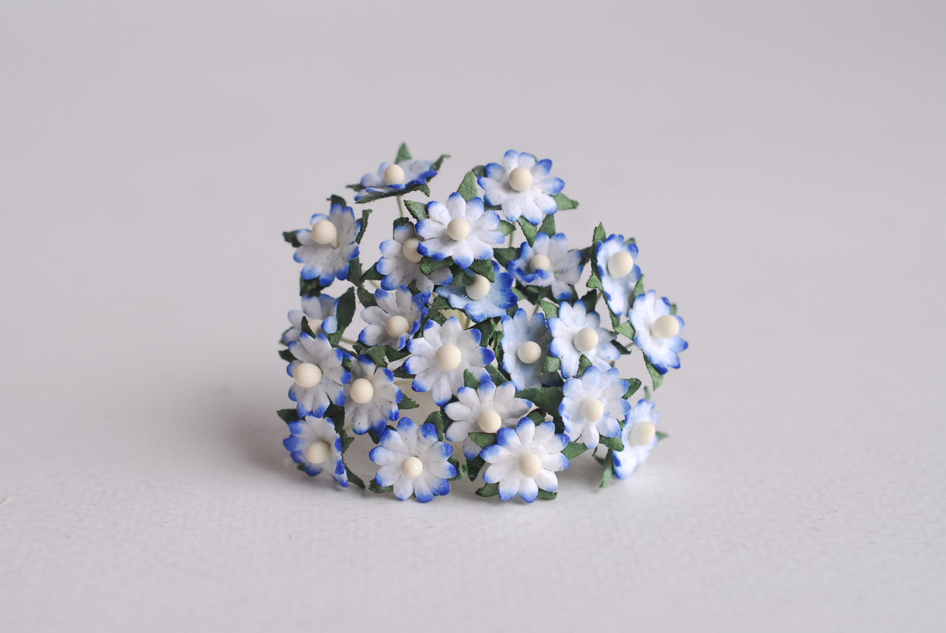 ดอกไม้กระดาษสา ดอกไม้กระดาษสาราคาส่ง ดอกไม้กระดาษสำหรับตกแต่ง งานแต่งงาน หรือติดของชำร่วย ดอกเดซี่ 100 ดอก ขนาด 0.8 cm. สีน้ำเงินปัดขาว Small Paper Flower with stem, 100 pcs., size 0.8 cm., daisy flowers 2 layers, blue brush white color.